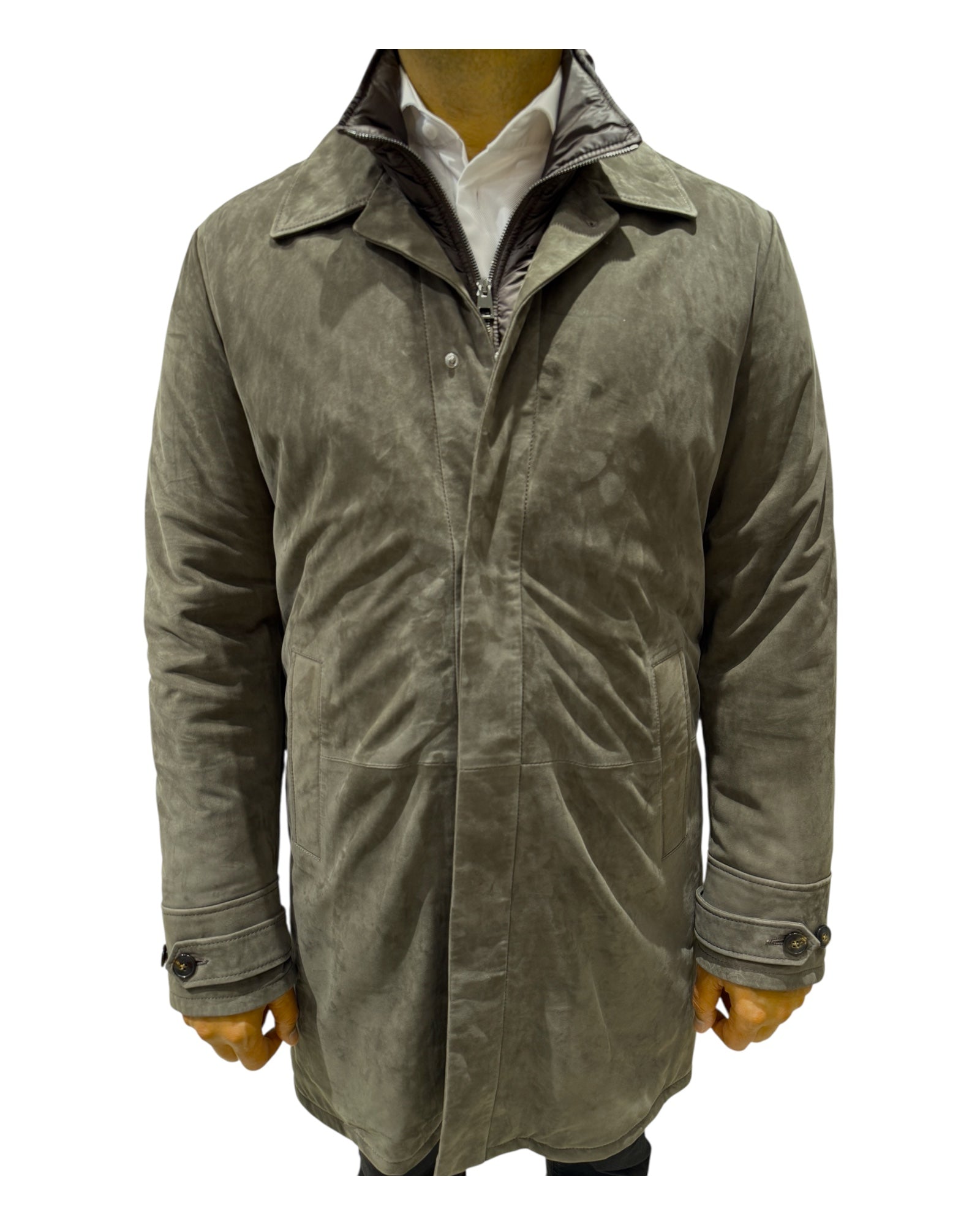 Ash Brown Nubuk Trench Coat with Detachable Nylon Neck OUTERWEAR52 EU