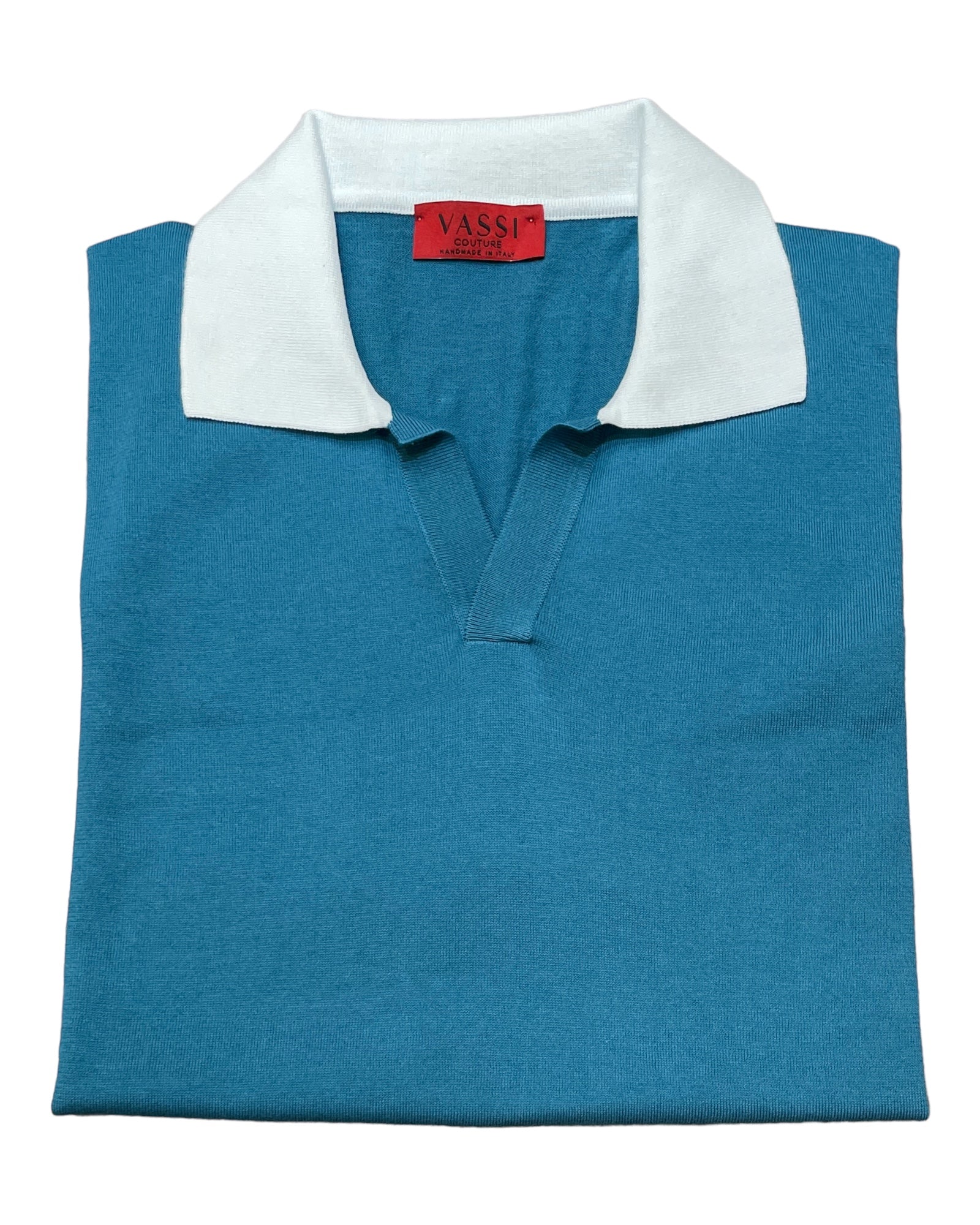 Short Sleeve Johnny Collar Polo - Petrol Blue, White Collar SWEATERSM