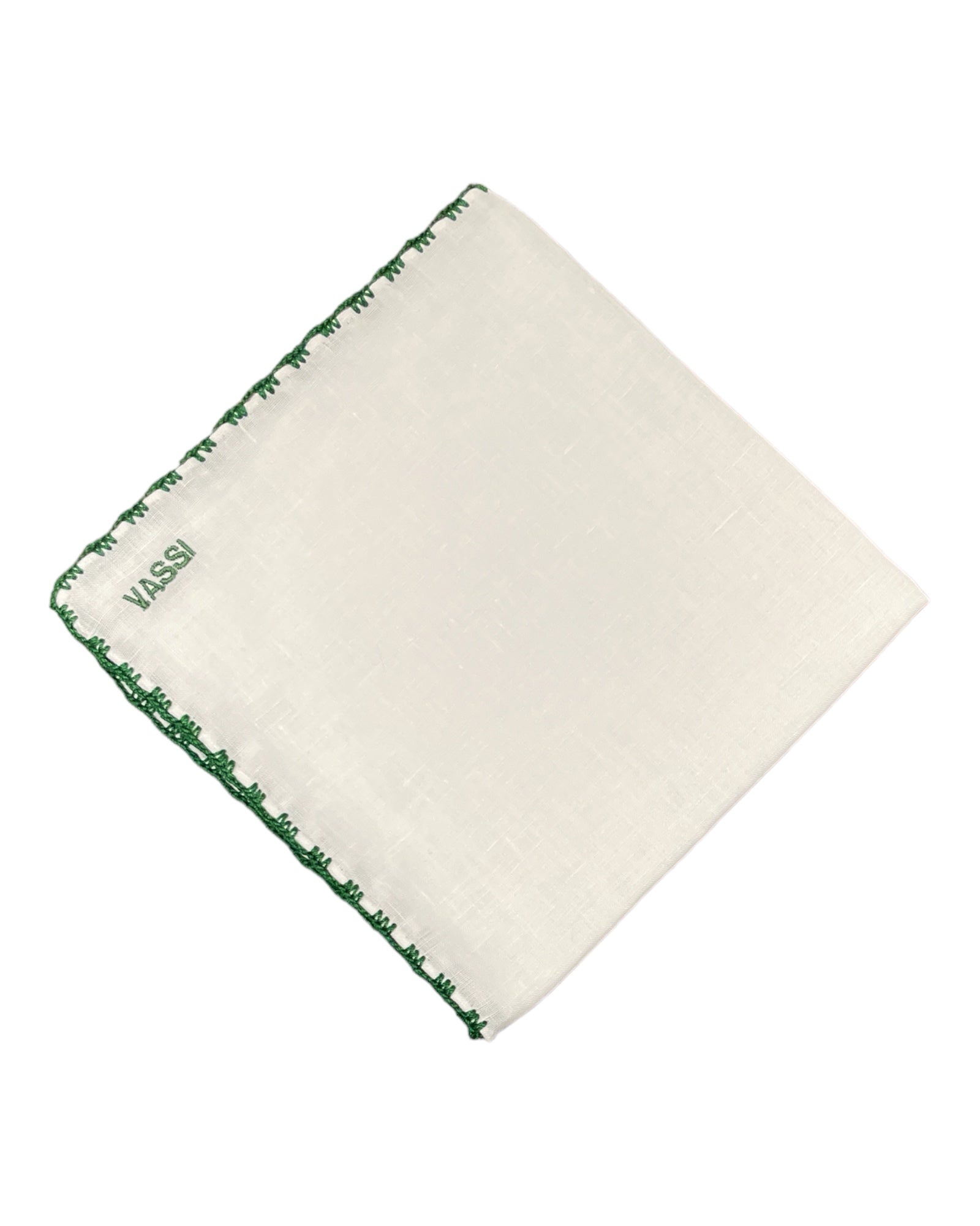 White Linen Pocket Square With Handrolled Triple V- Stitch Pocket SquareGreen
