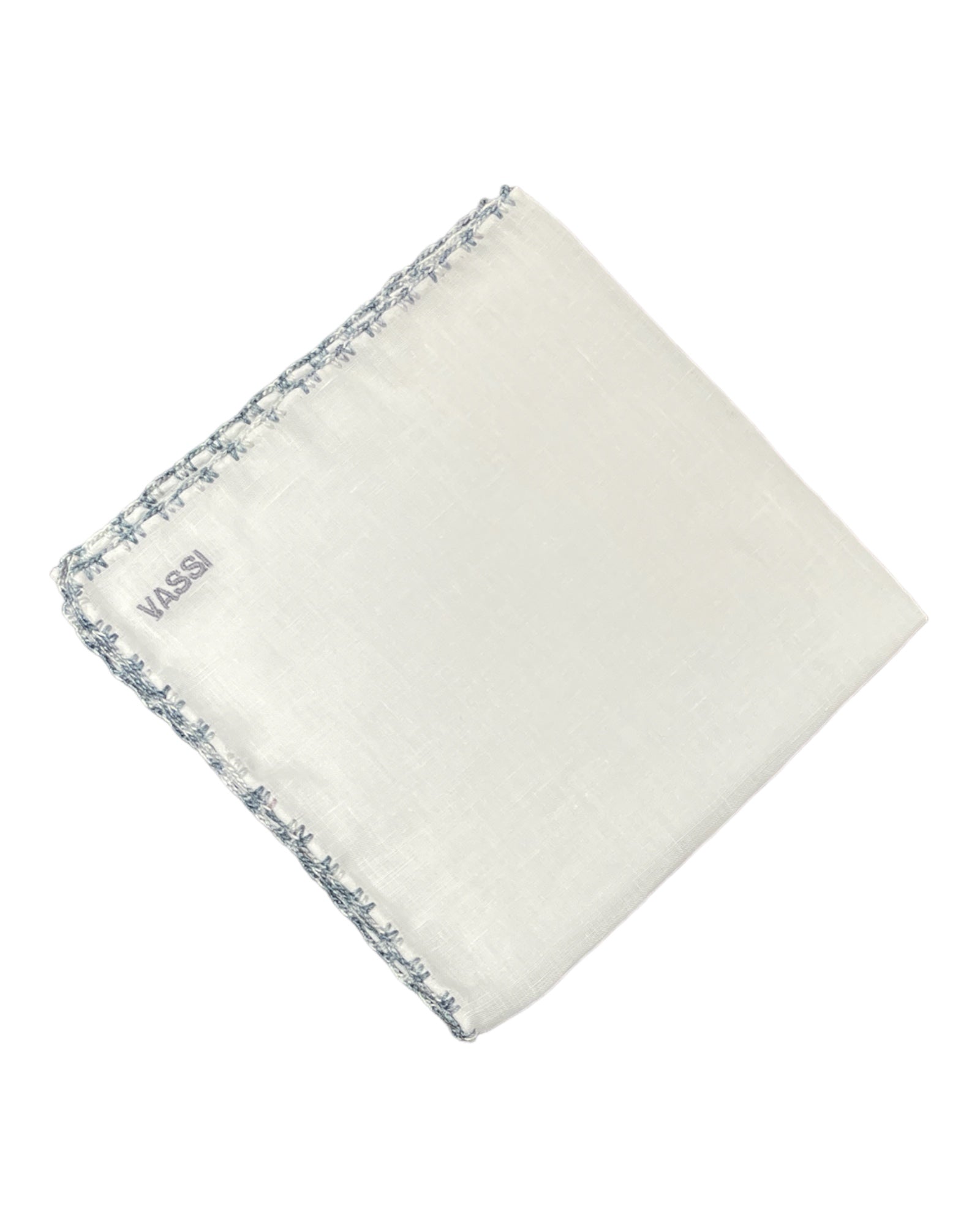 White Linen Pocket Square With Handrolled Triple V- Stitch Pocket SquareGrey-Light Grey