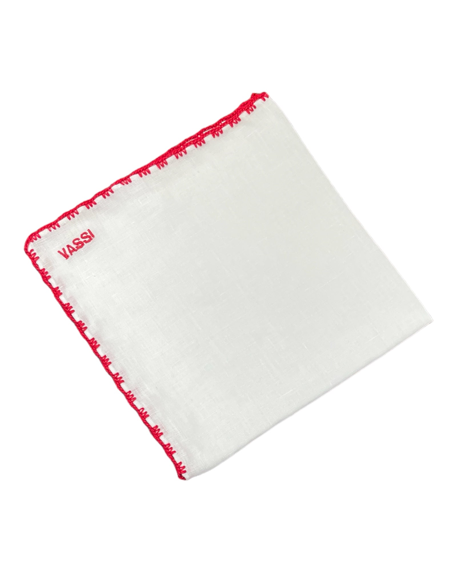 White Linen Pocket Square With Handrolled Triple V- Stitch Pocket SquareRed
