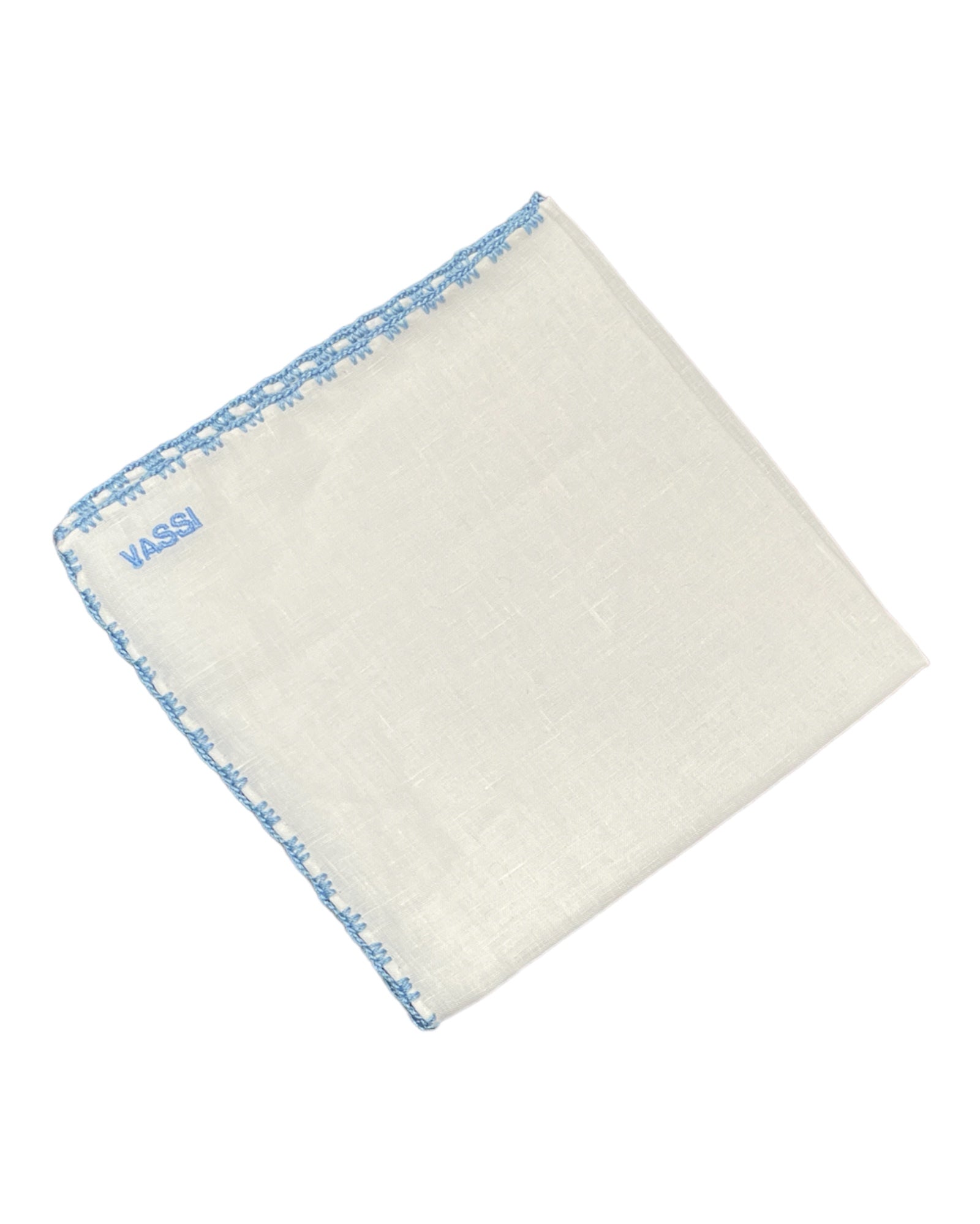 White Linen Pocket Square With Handrolled Triple V- Stitch Pocket SquareLight blue