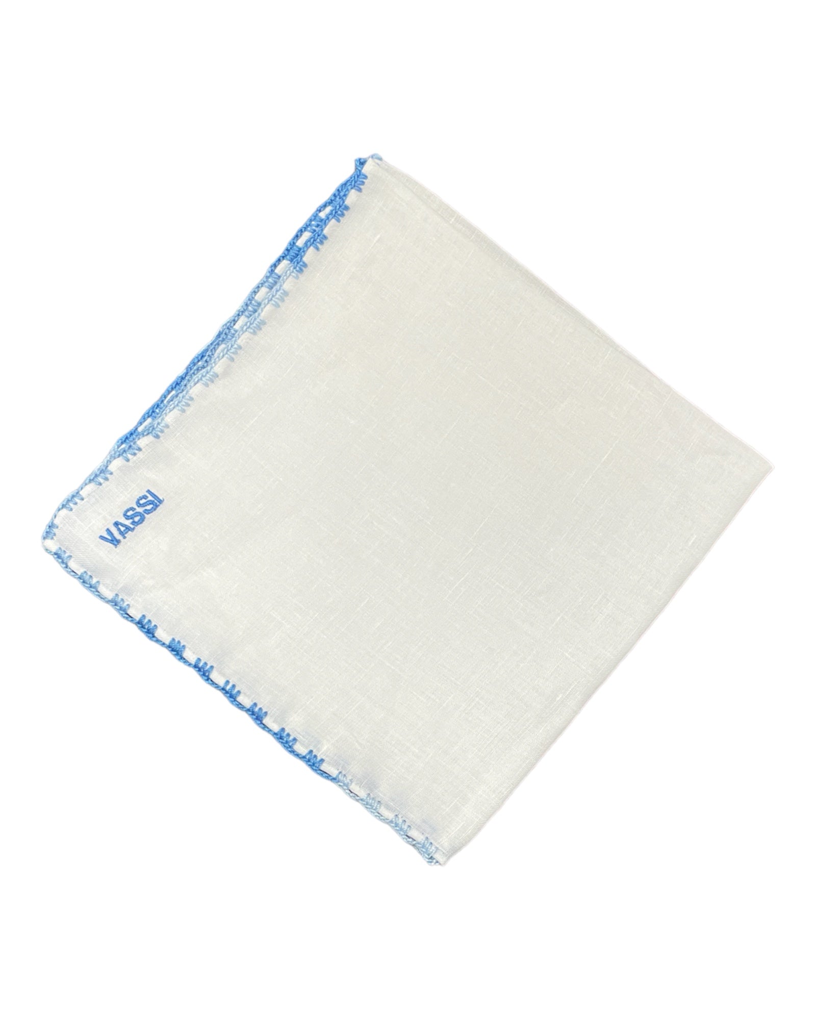 White Linen Pocket Square With Handrolled Triple V- Stitch Pocket SquareBlue-Light blue