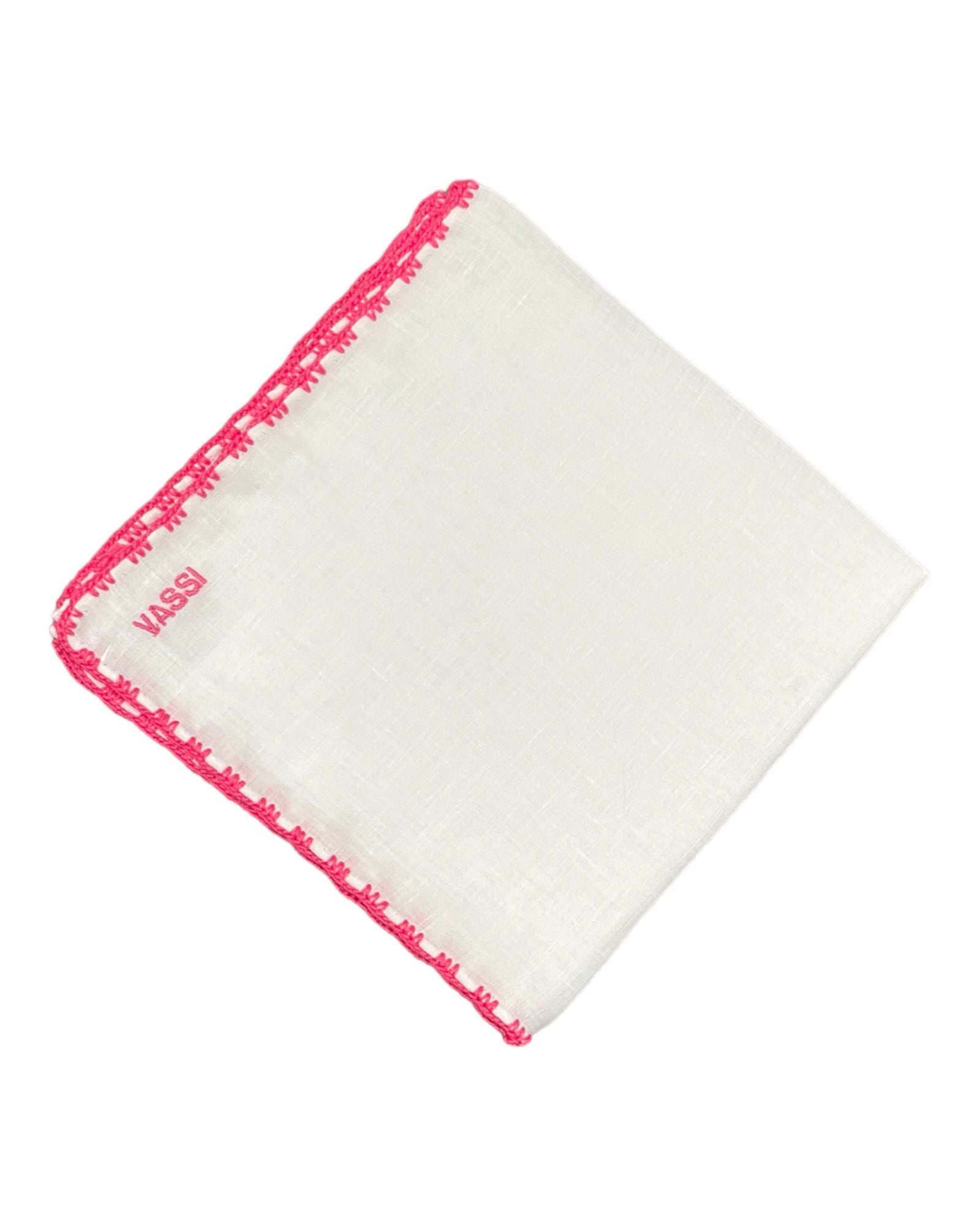 White Linen Pocket Square With Handrolled Triple V- Stitch Pocket SquareFuchsia