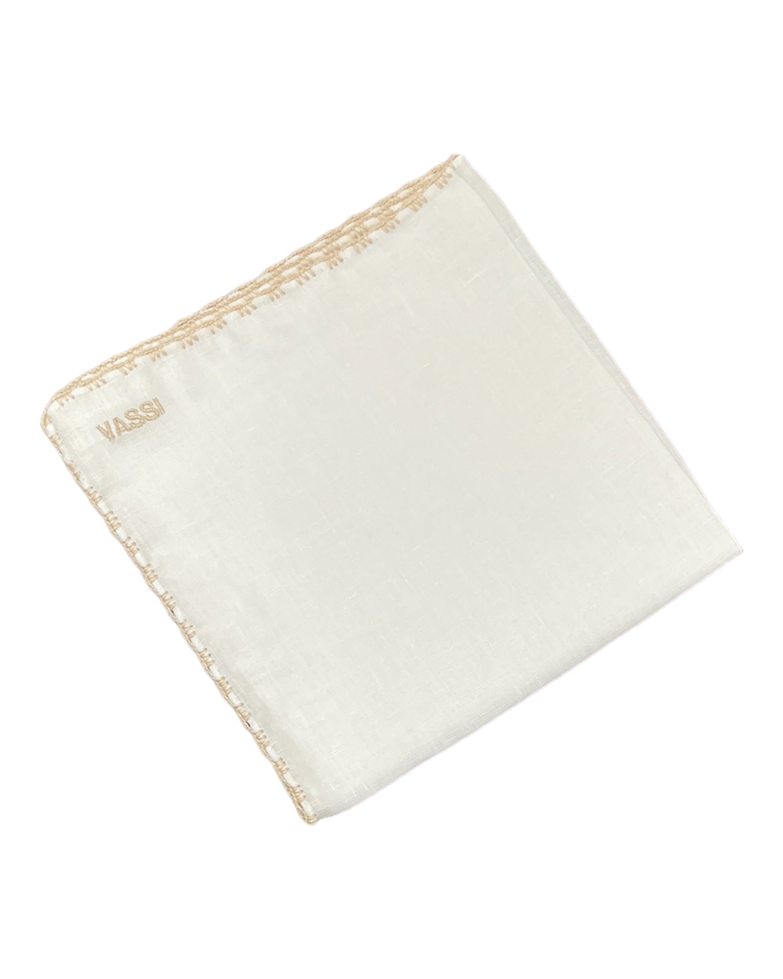 White Linen Pocket Square With Handrolled Triple V- Stitch Pocket SquareBeige