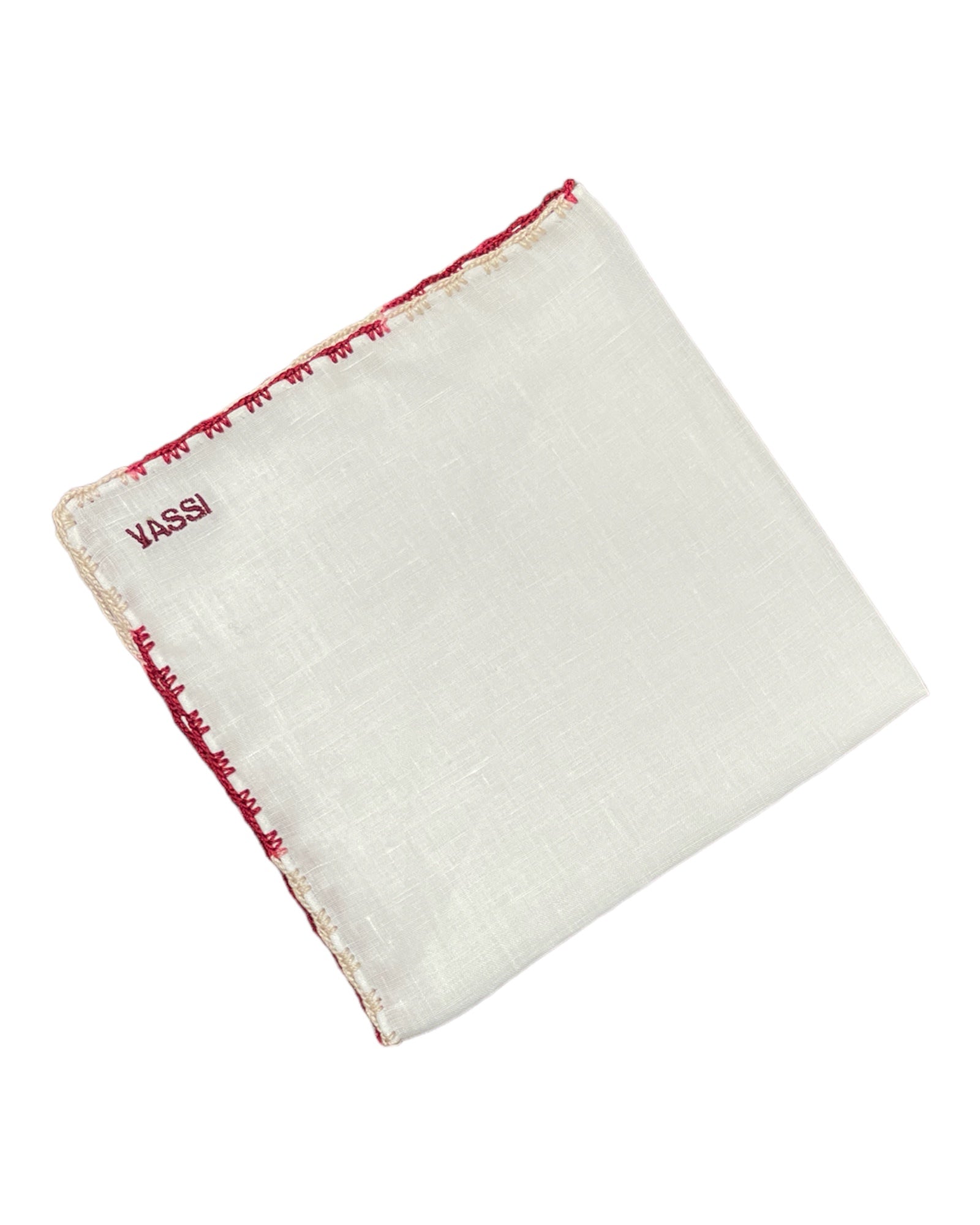 White Linen Pocket Square With Handrolled Triple V- Stitch Pocket SquareBurgundy-Beige