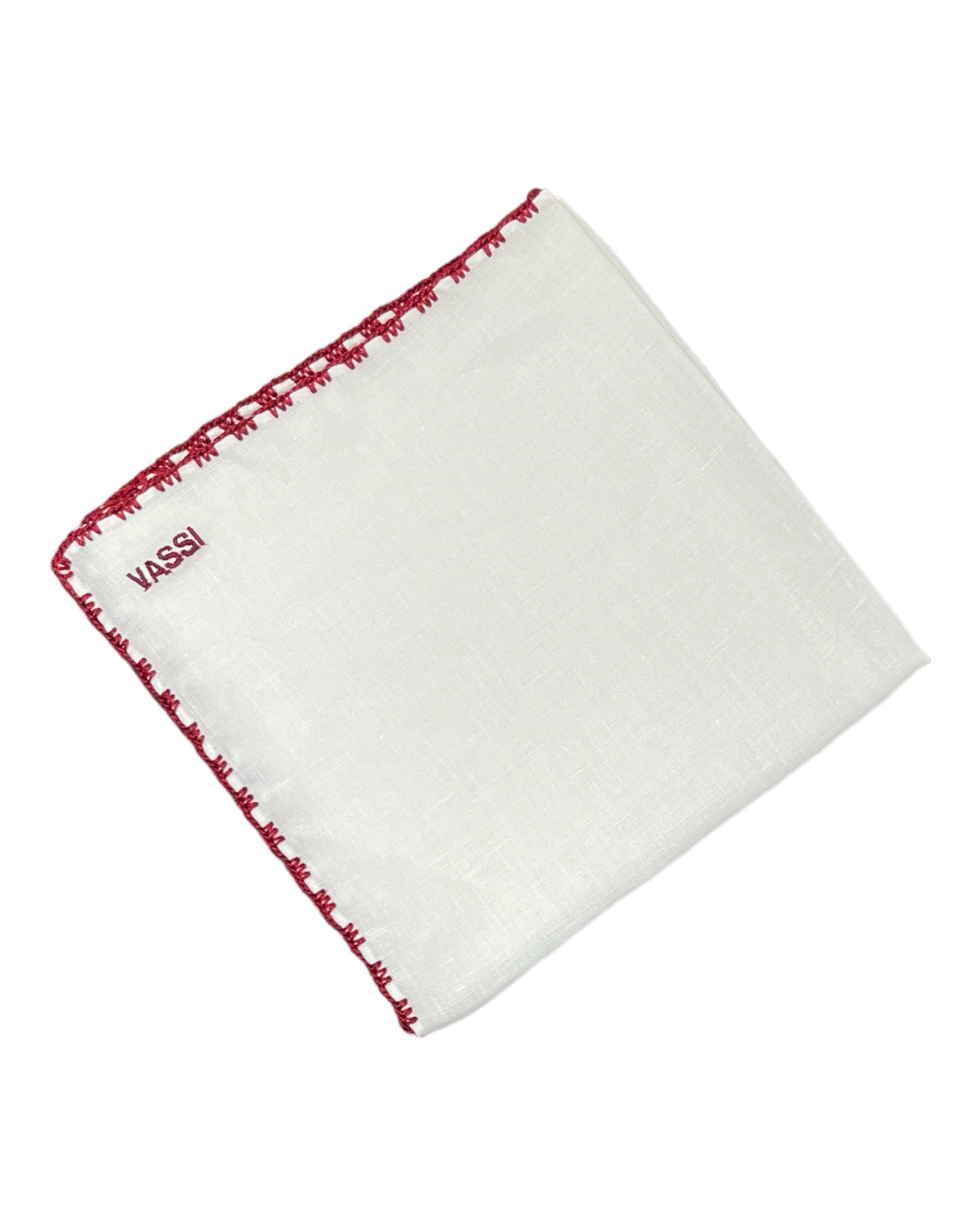White Linen Pocket Square With Handrolled Triple V- Stitch Pocket SquareBurgundy