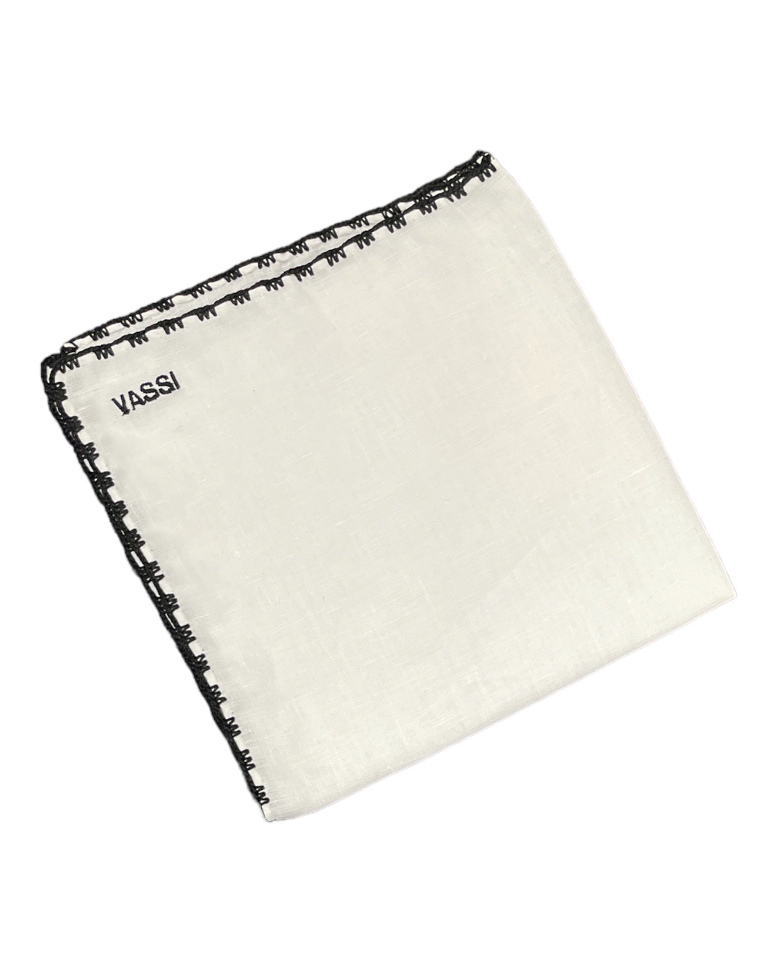 White Linen Pocket Square With Handrolled Triple V- Stitch Pocket SquareBlack