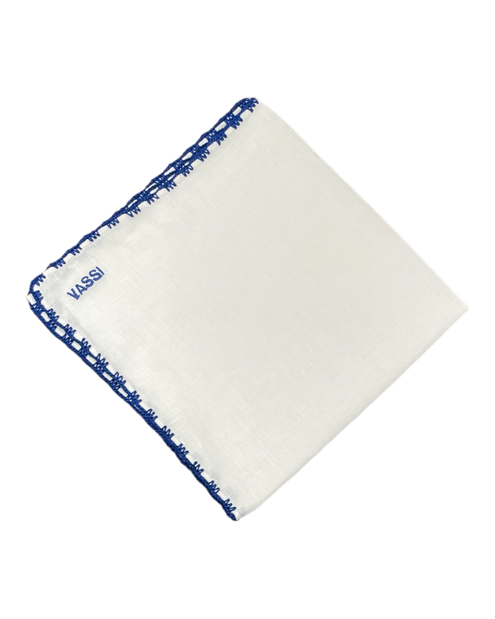 White Linen Pocket Square With Handrolled Triple V- Stitch Pocket SquareNavy