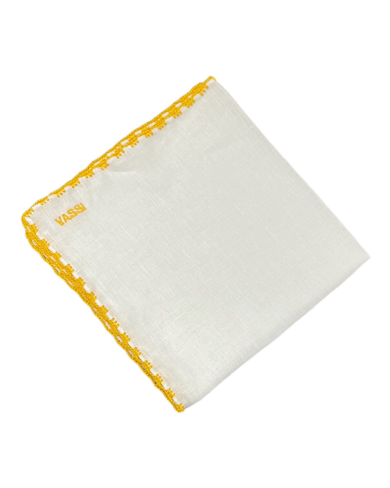 White Linen Pocket Square With Handrolled Triple V- Stitch Pocket SquareYellow