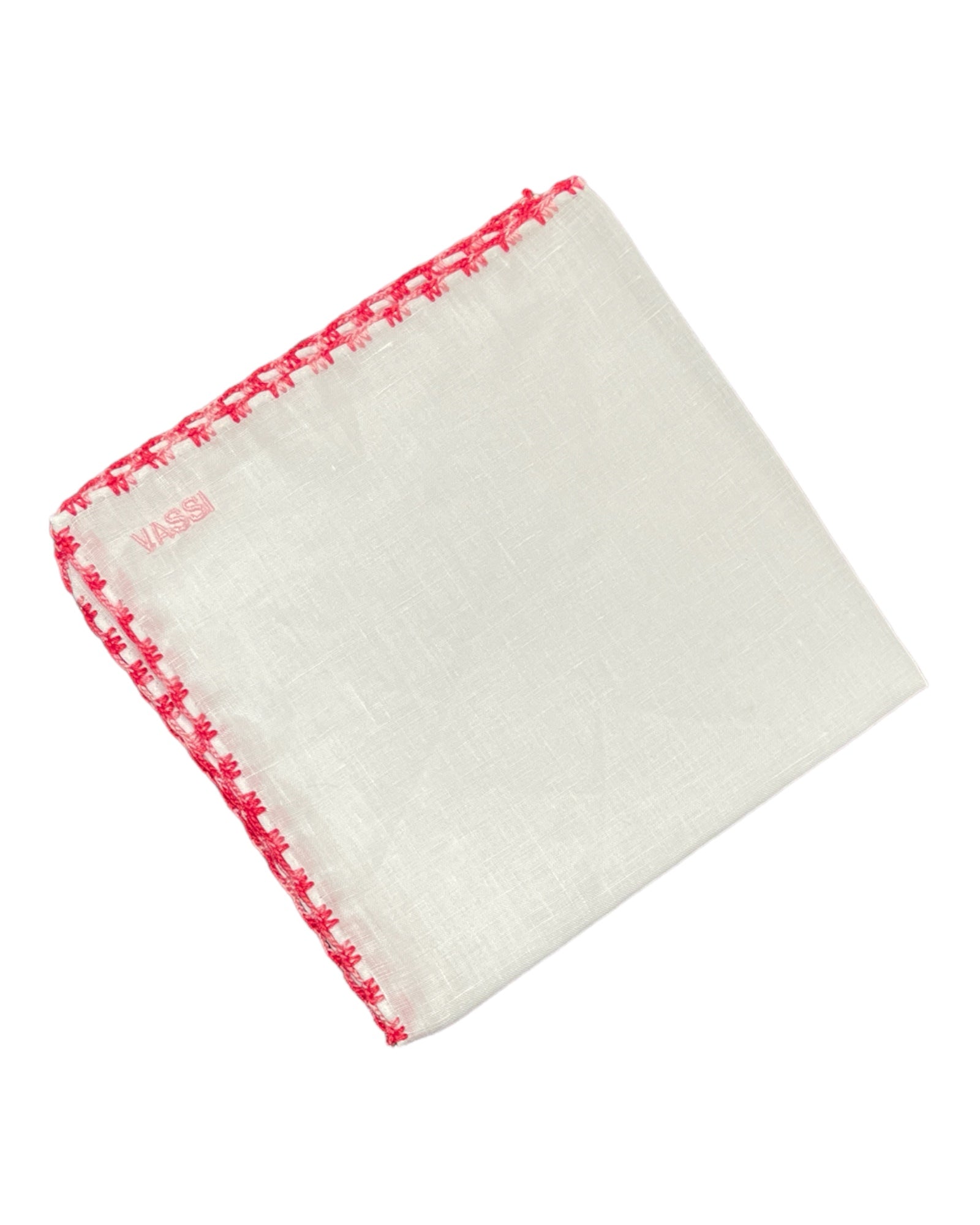 White Linen Pocket Square With Handrolled Triple V- Stitch Pocket SquareFuchsia-Pink