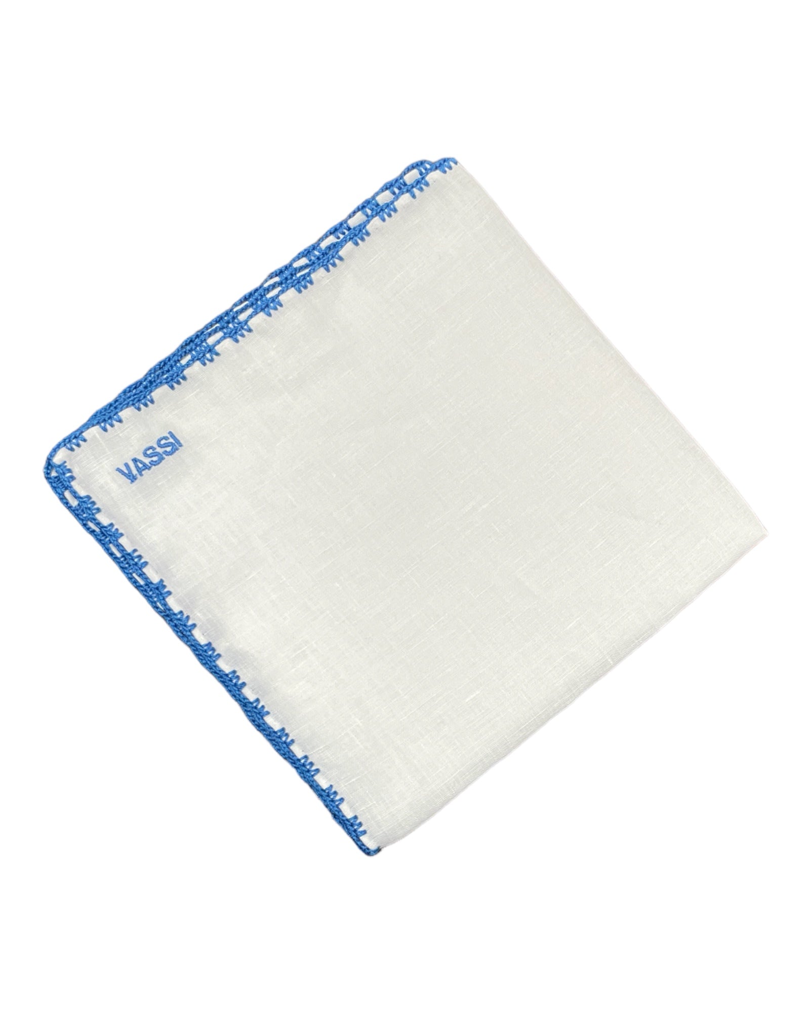 White Linen Pocket Square With Handrolled Triple V- Stitch Pocket SquareBlue