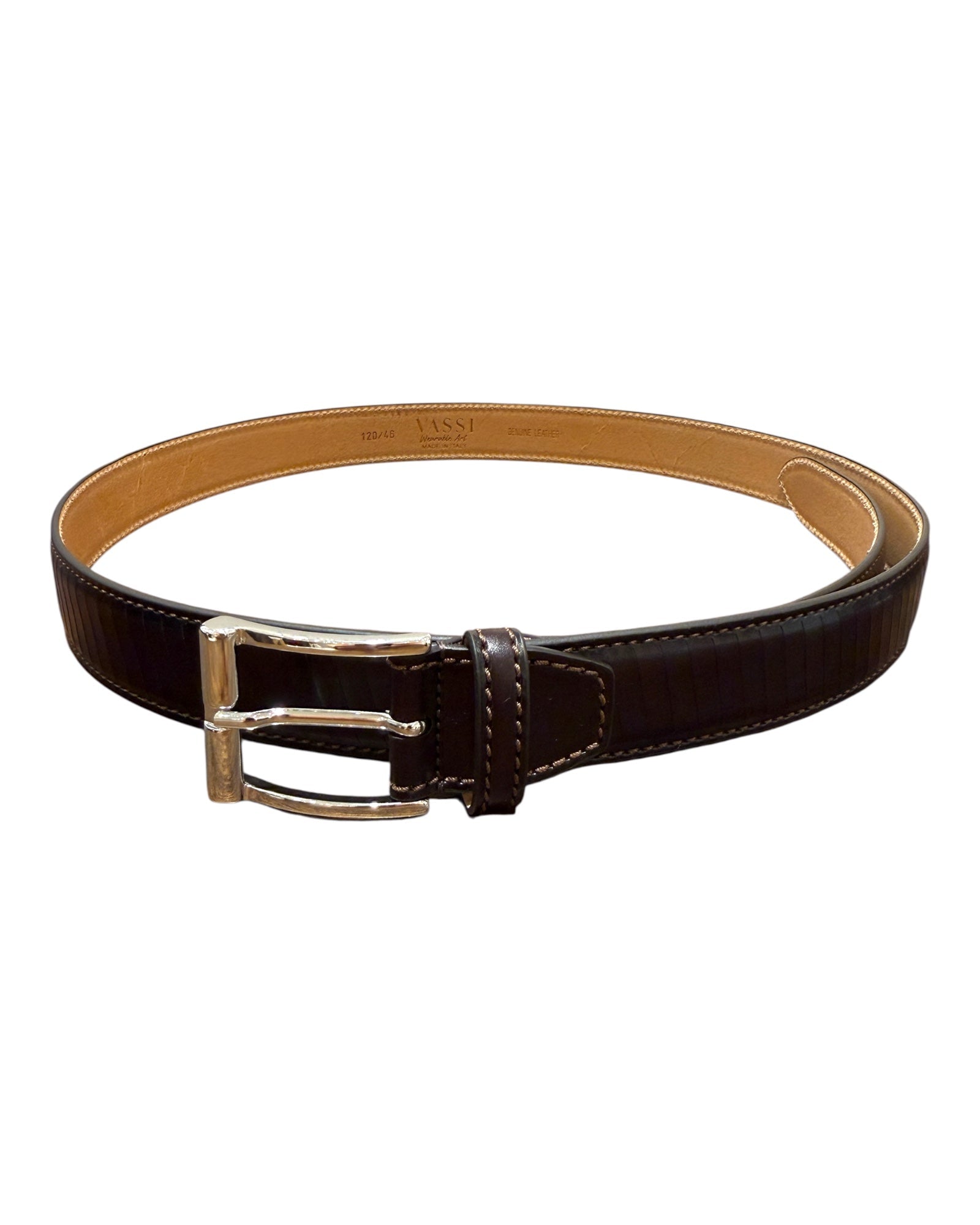 Artisanal hand-dyed leather belt with diagonal engraving, airbrushed shading - Dark Brown BELTS46