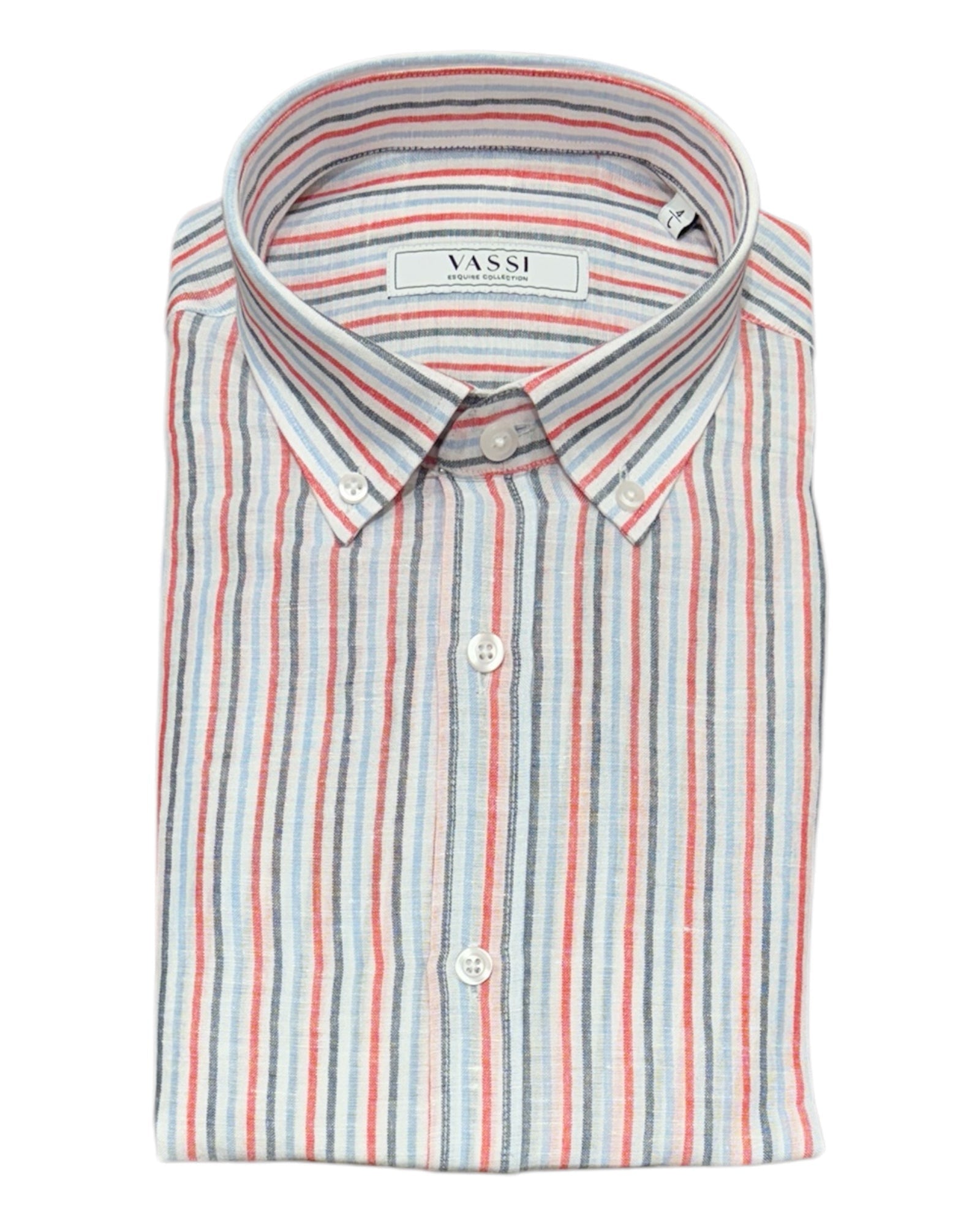 Blue Striped Linen &amp; Cotton Button down Sport Shirt - Red/Navy SPORT SHIRTSM