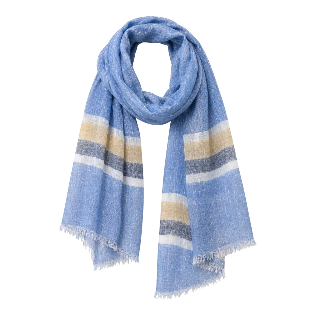 Cashmere &amp; Linen Scarf - Blue with Mustard &amp; Navy Stripes SCARVES