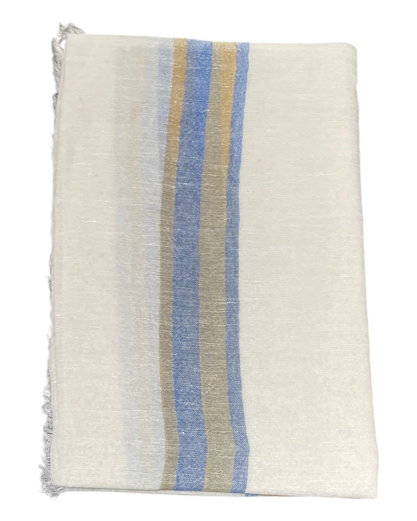 Cashmere & Linen Scarf - Off White with Mustard & Blue Stripes SCARVES