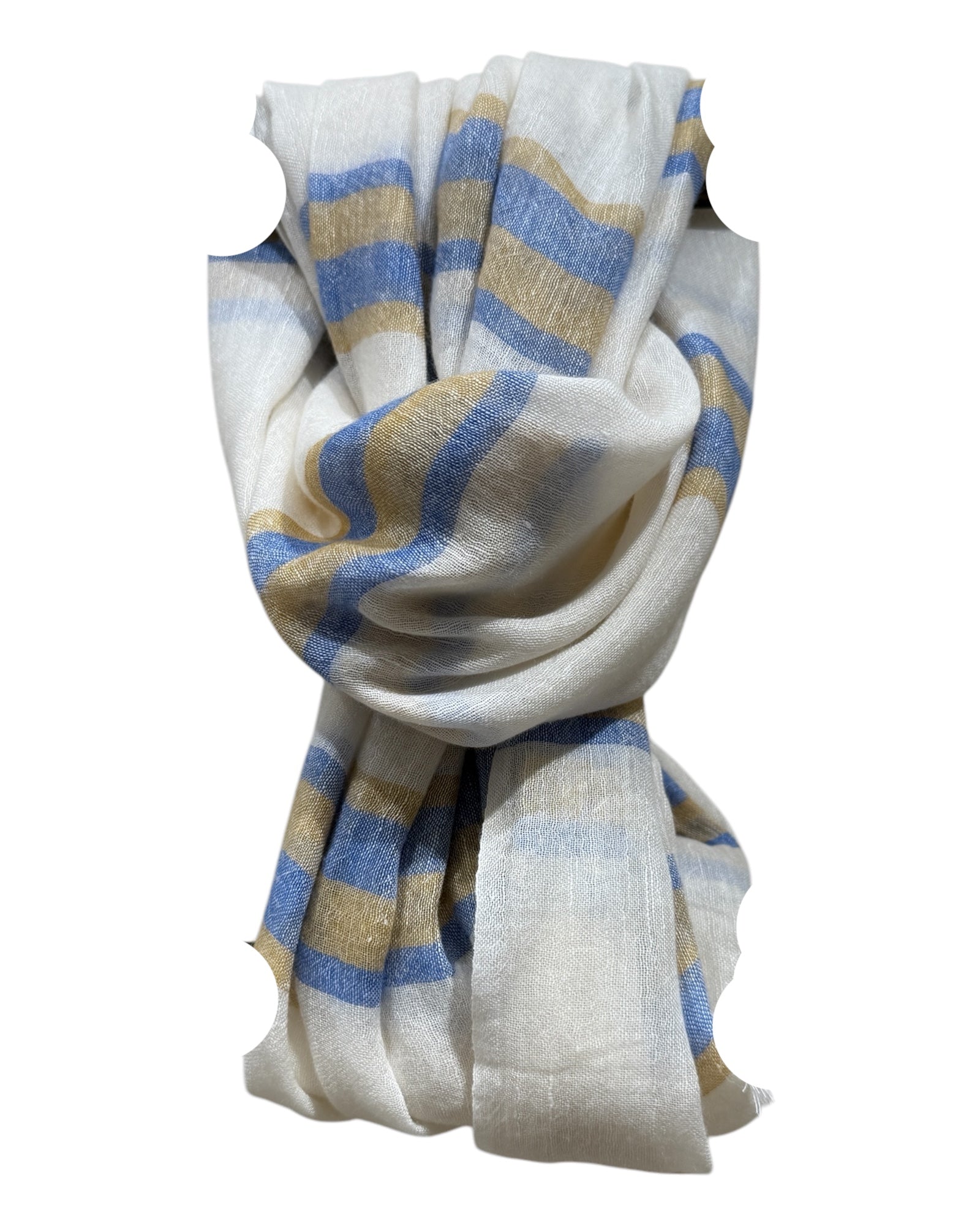 Cashmere & Linen Scarf - Off White with Mustard & Blue Stripes SCARVES