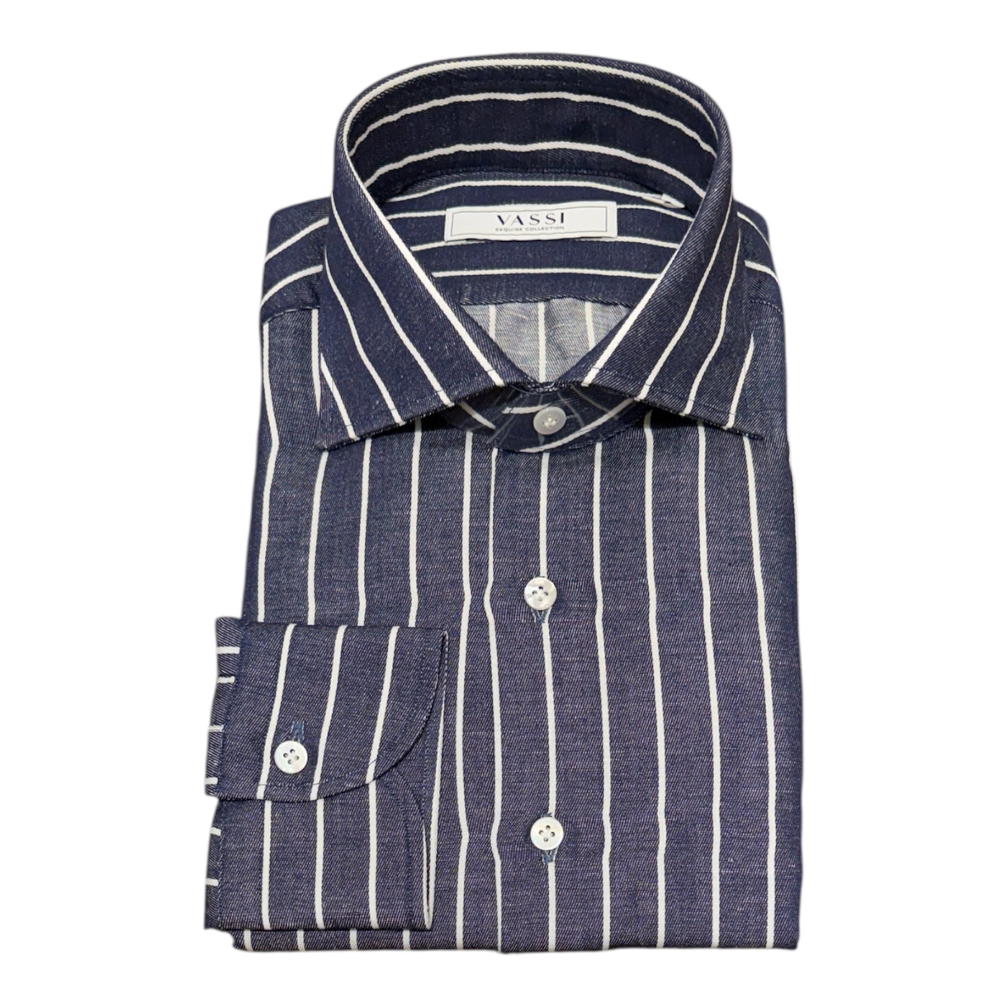 Cotton & Linen Shirt - Navy with White Stripes SPORT SHIRTSM