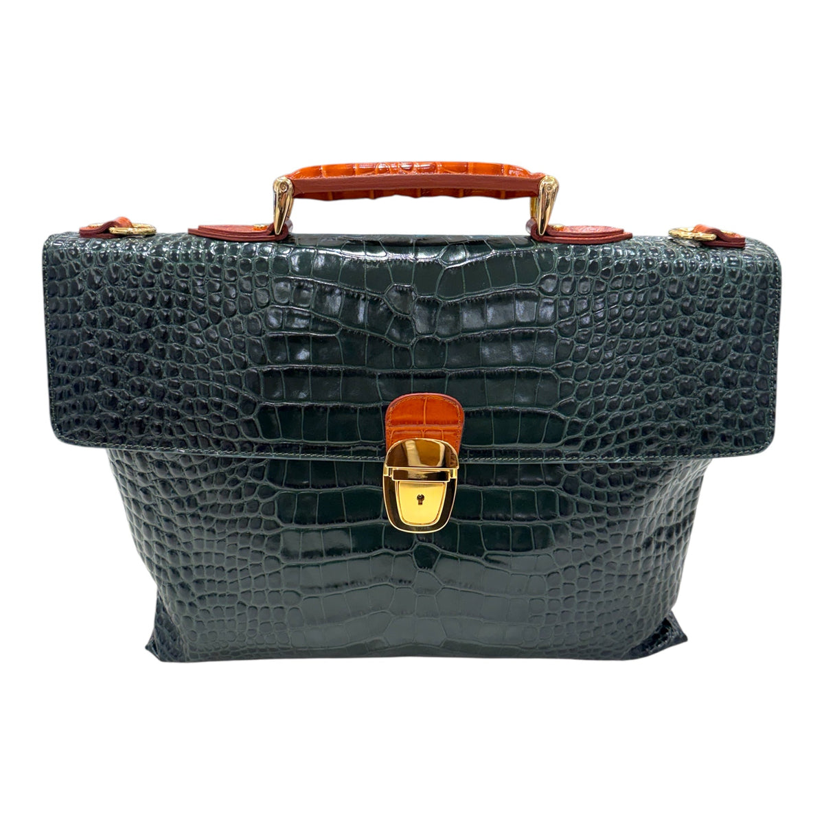 Crocodile Embossed Leather Attache Case - Green/Cognac BAGS