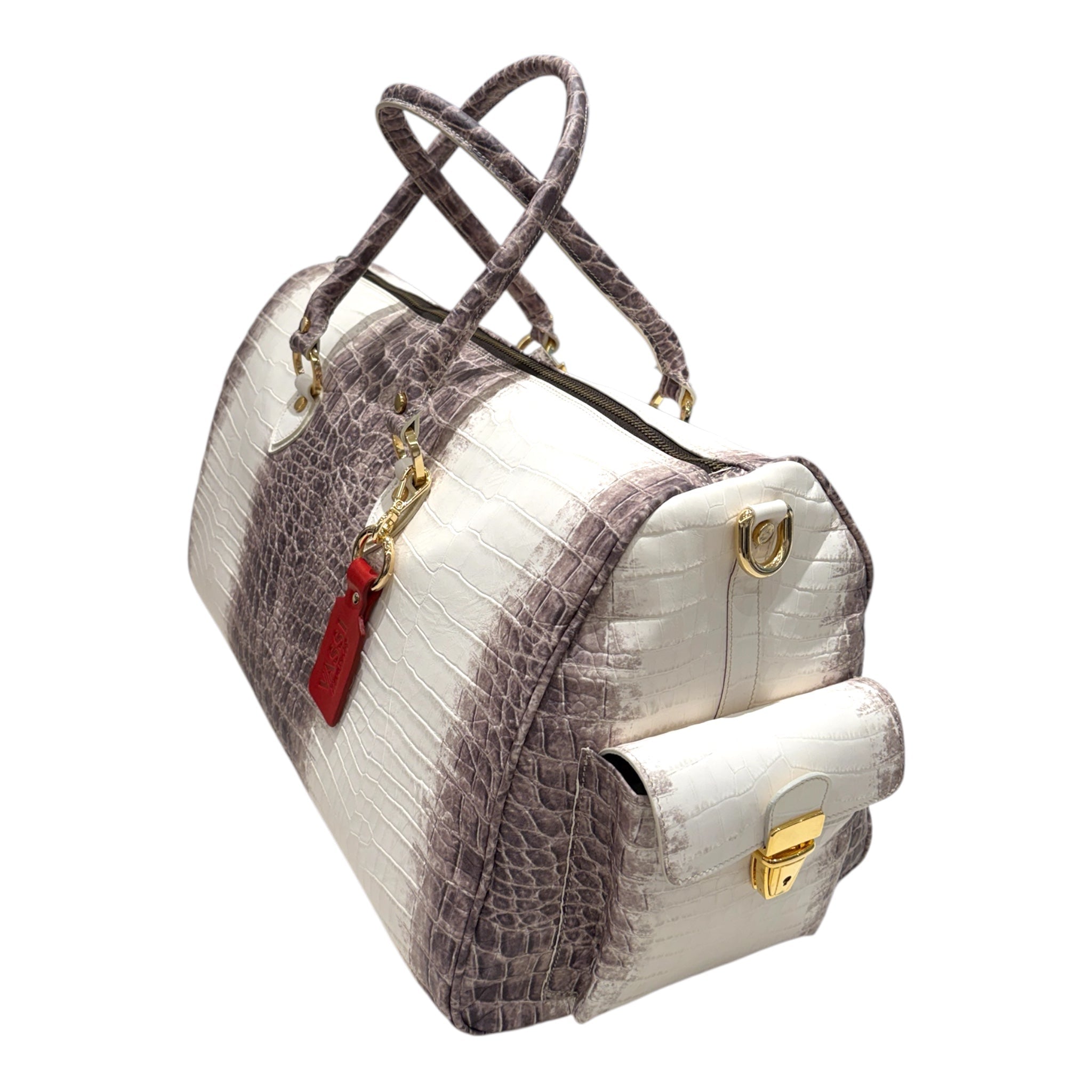 Crocodile Embossed LeatheR Duffel Bag - Milk/Taupe BAGS