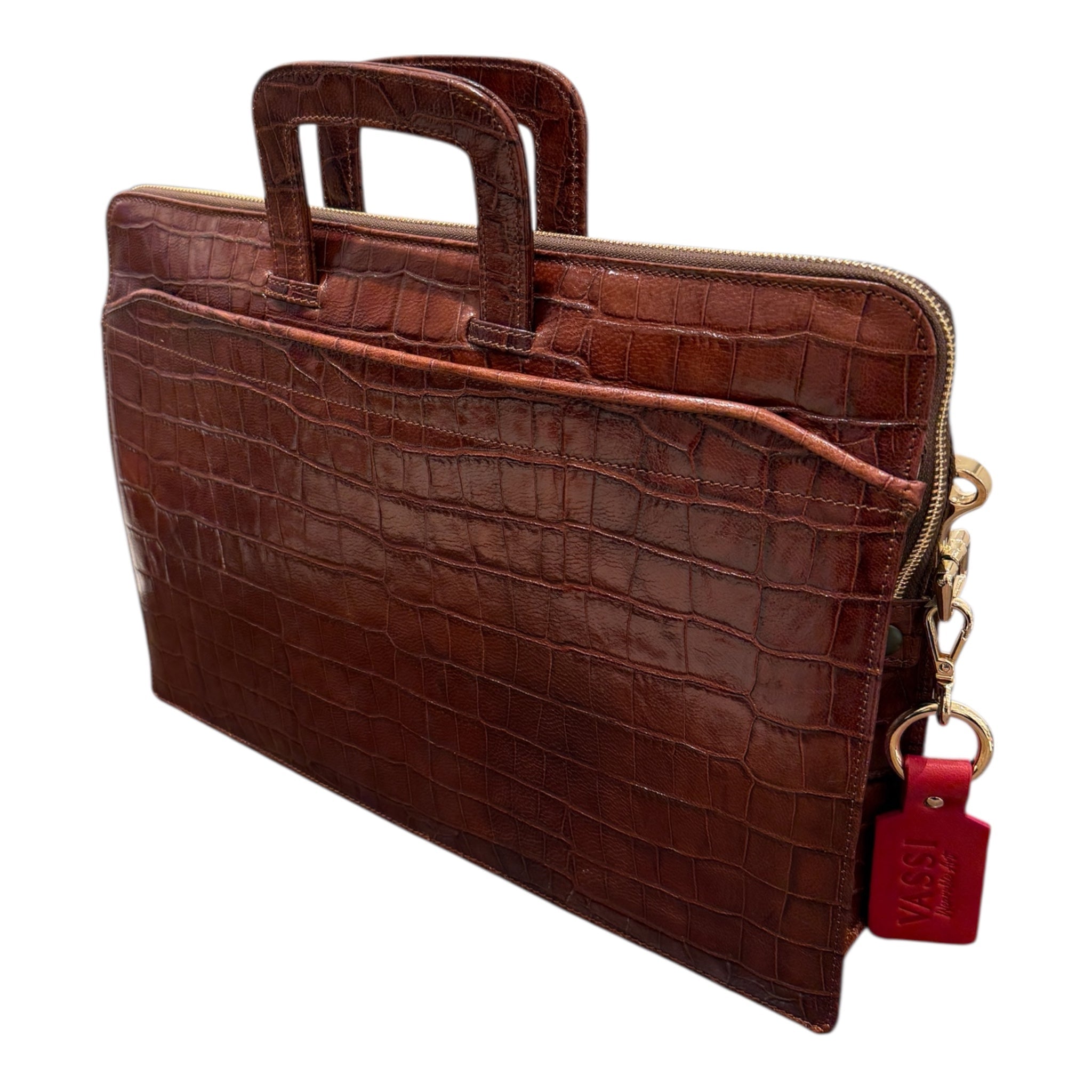 Crocodile Embossed Leather Workbag - Cognac BAGS
