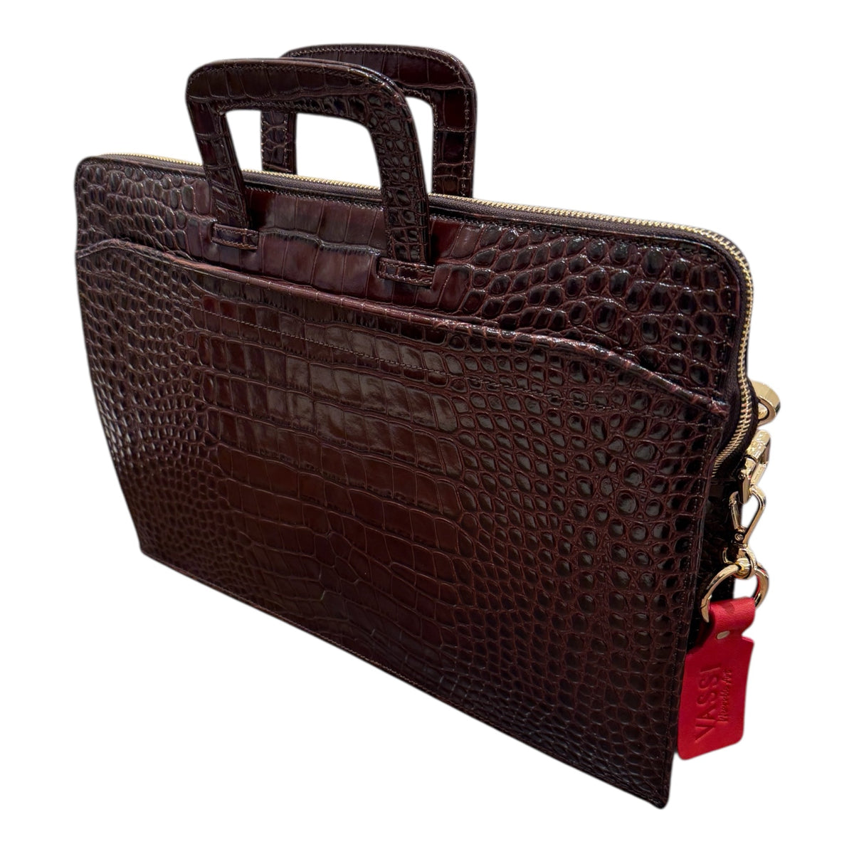 Crocodile Embossed Leather Workbag - Dark Brown BAGS
