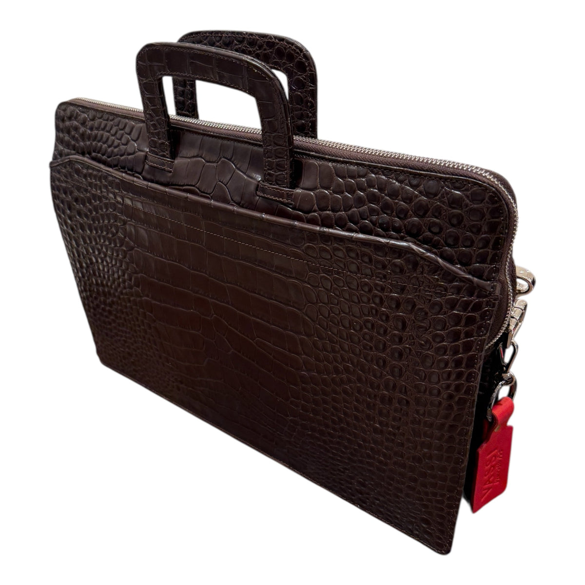 Crocodile Embossed Leather Workbag - Dark Matt Brown BAGS