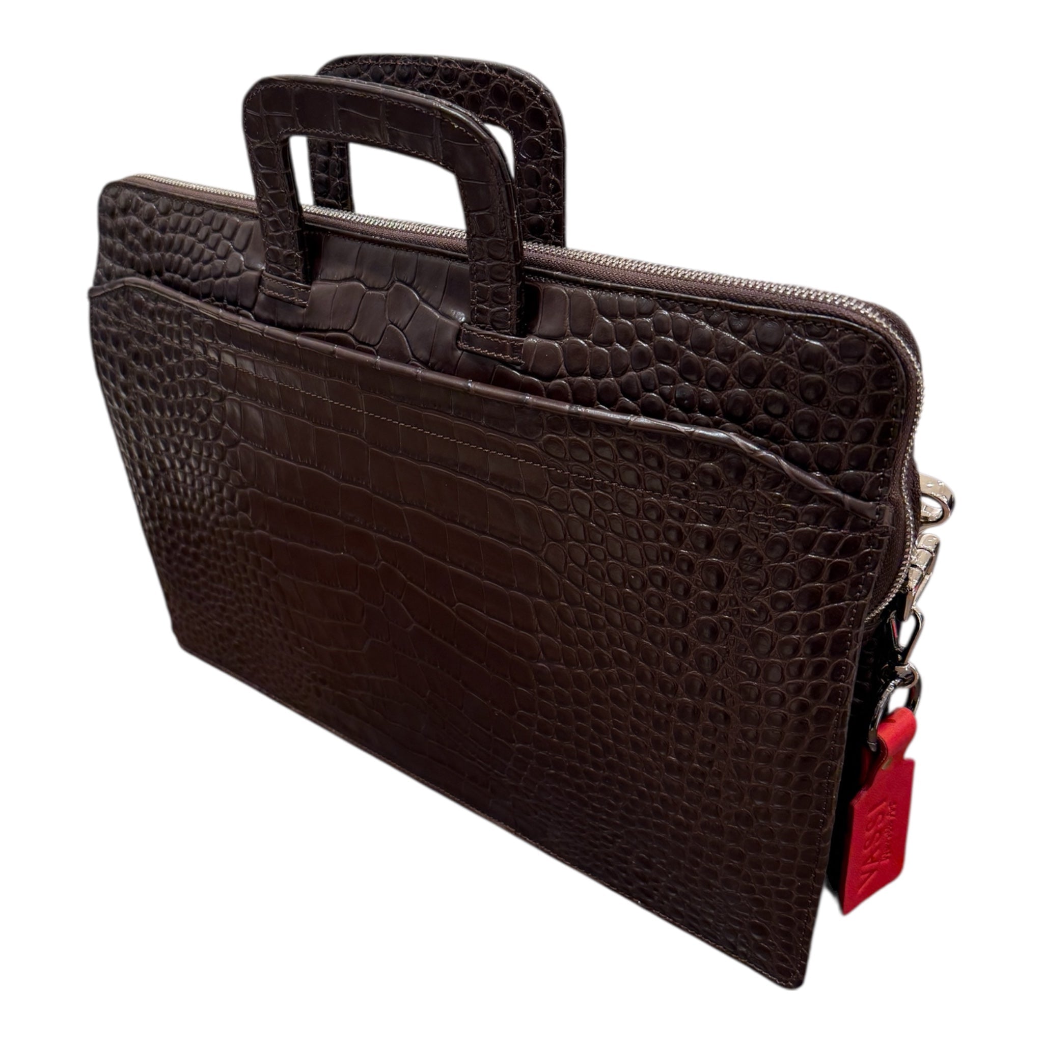 Crocodile Embossed Leather Workbag - Dark Matt Brown BAGS