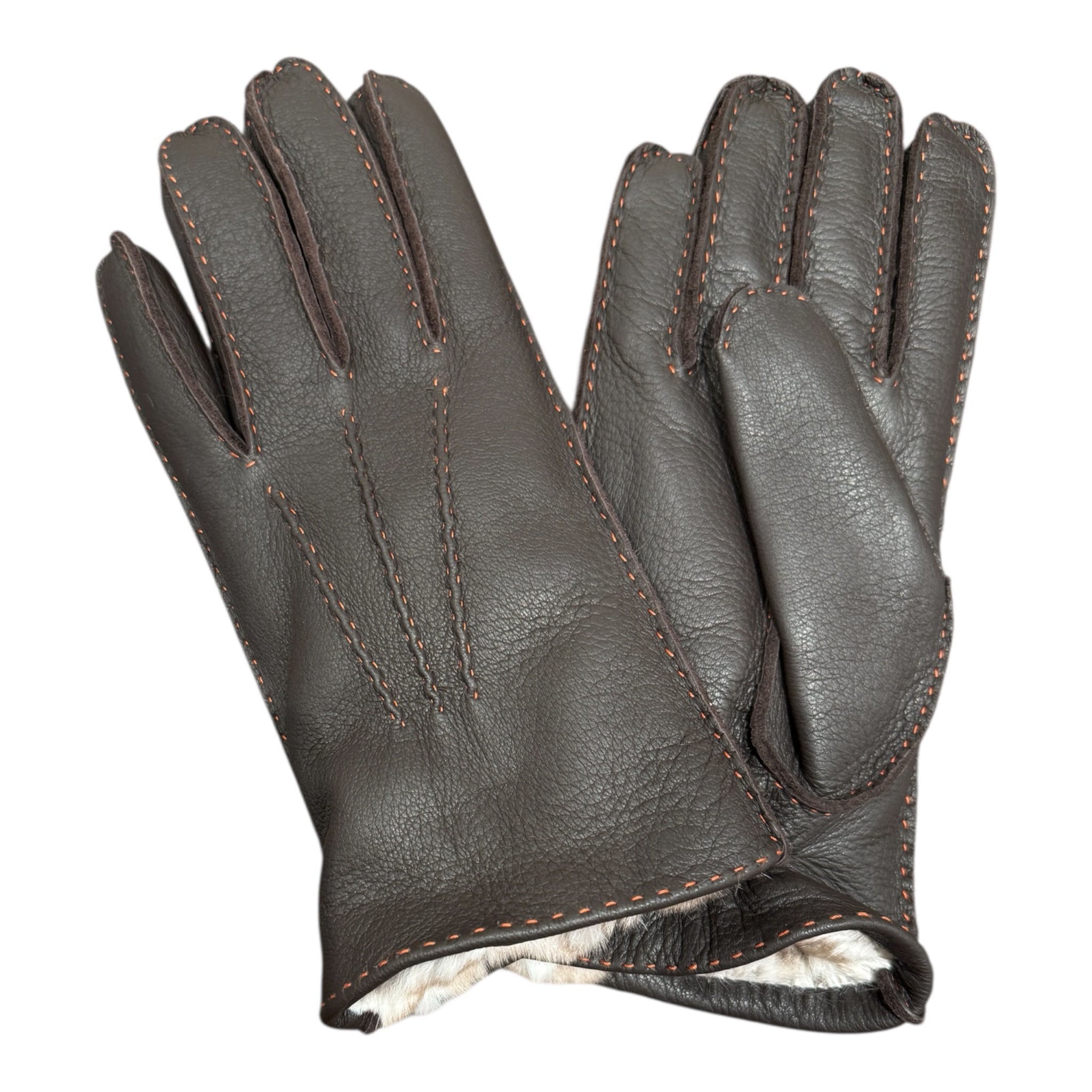 Deerskin Glove 3Point Hand Stitch with Rex Rabbit Lining - Brown/Orange Glove8 1/2