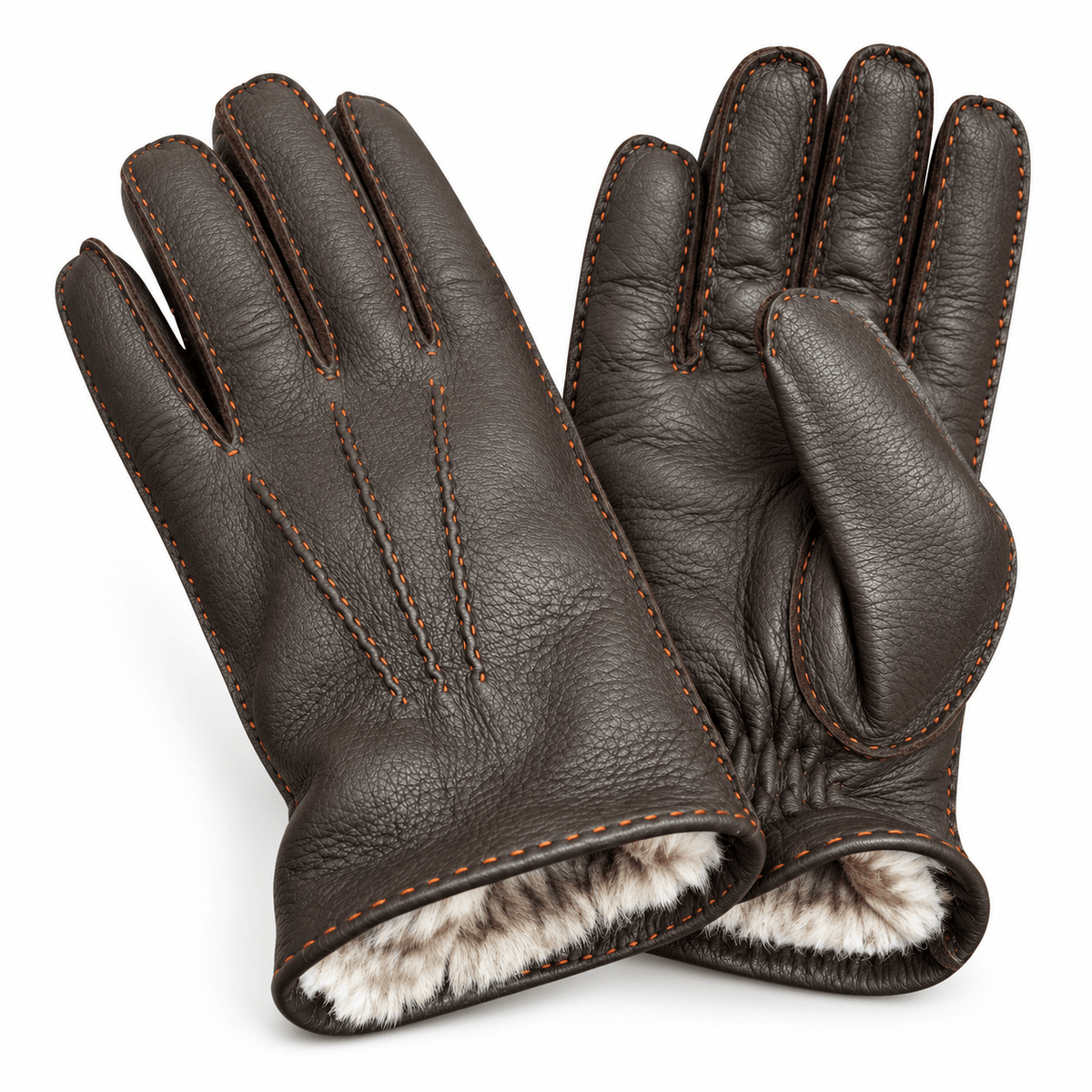 Deerskin Glove 3Point Hand Stitch with Rex Rabbit Lining - Brown/Orange Glove8 1/2