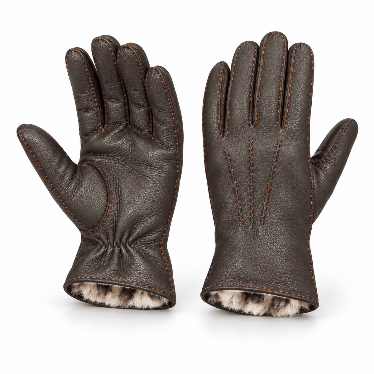 Deerskin Glove 3Point Hand Stitch with Rex Rabbit Lining - Brown/Orange Glove8 1/2
