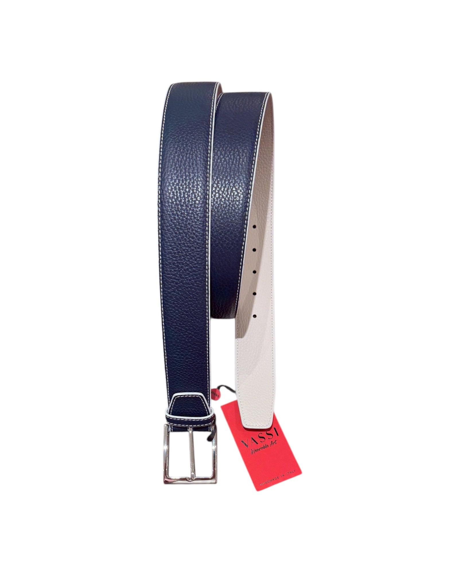 Double - Face Bull Embossed Calf Leather with Contrast Stitching - Blue BELTS44