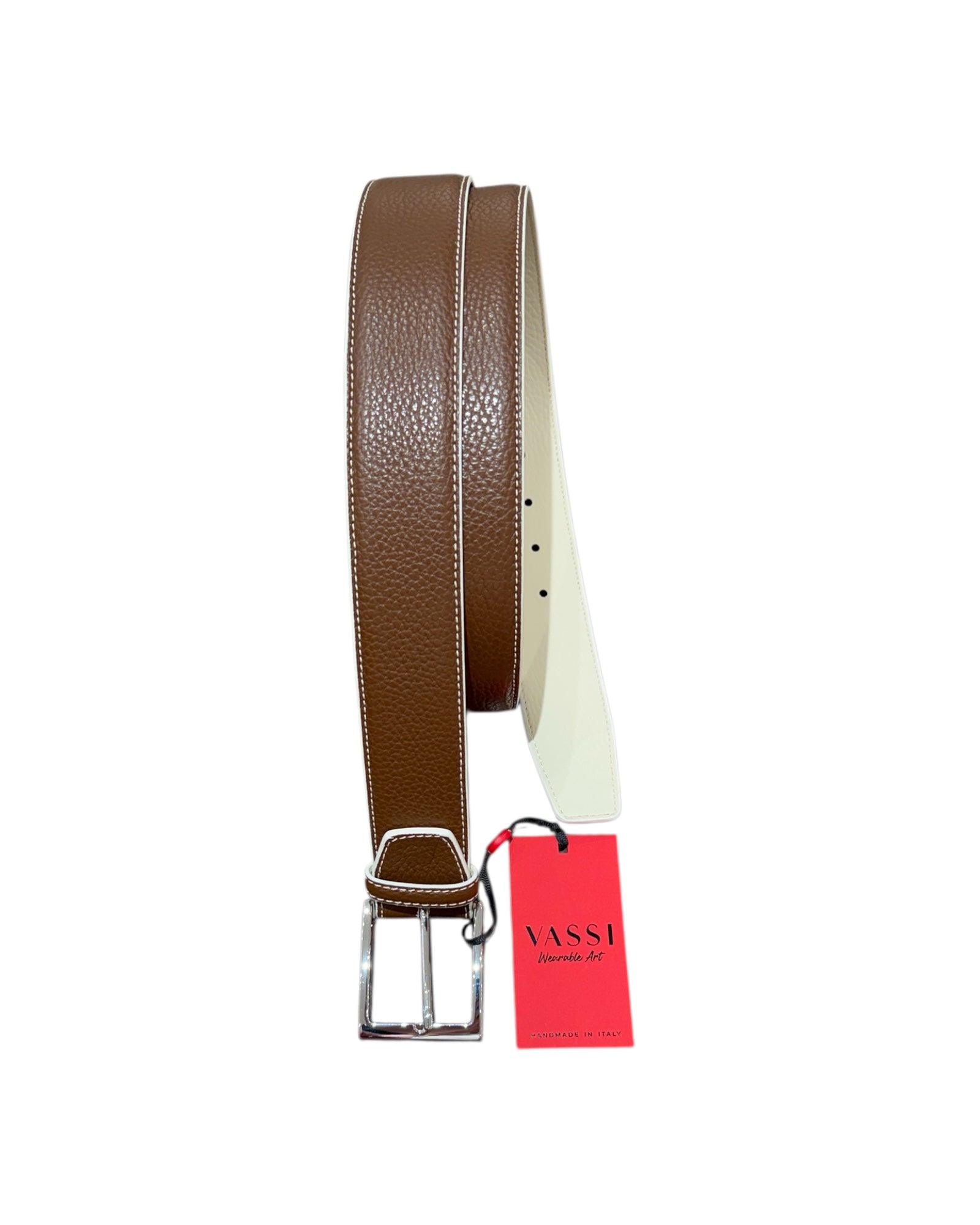 Double - Face Bull Embossed Calf Leather with Contrast Stitching - Brown BELTS44