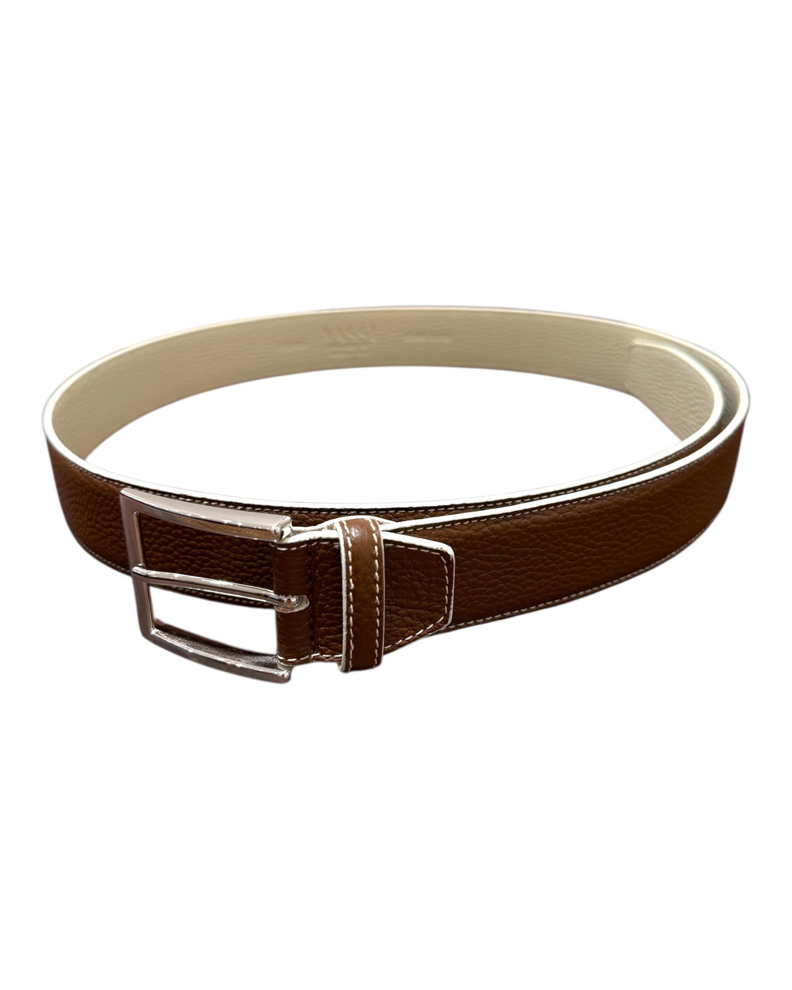 Double - Face Bull Embossed Calf Leather with Contrast Stitching - Brown BELTS44