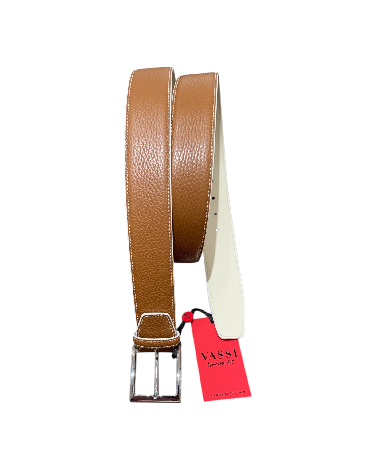 Double - Face Bull Embossed Calf Leather with Contrast Stitching - Caramel BELTS44