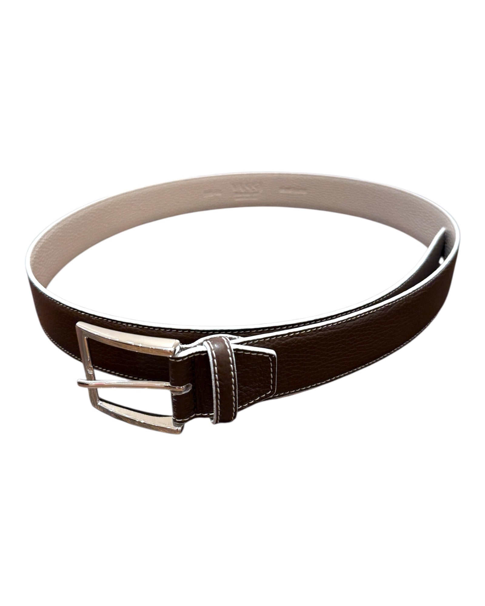 Double - Face Bull Embossed Calf Leather with Contrast Stitching - Chocolate BELTS44