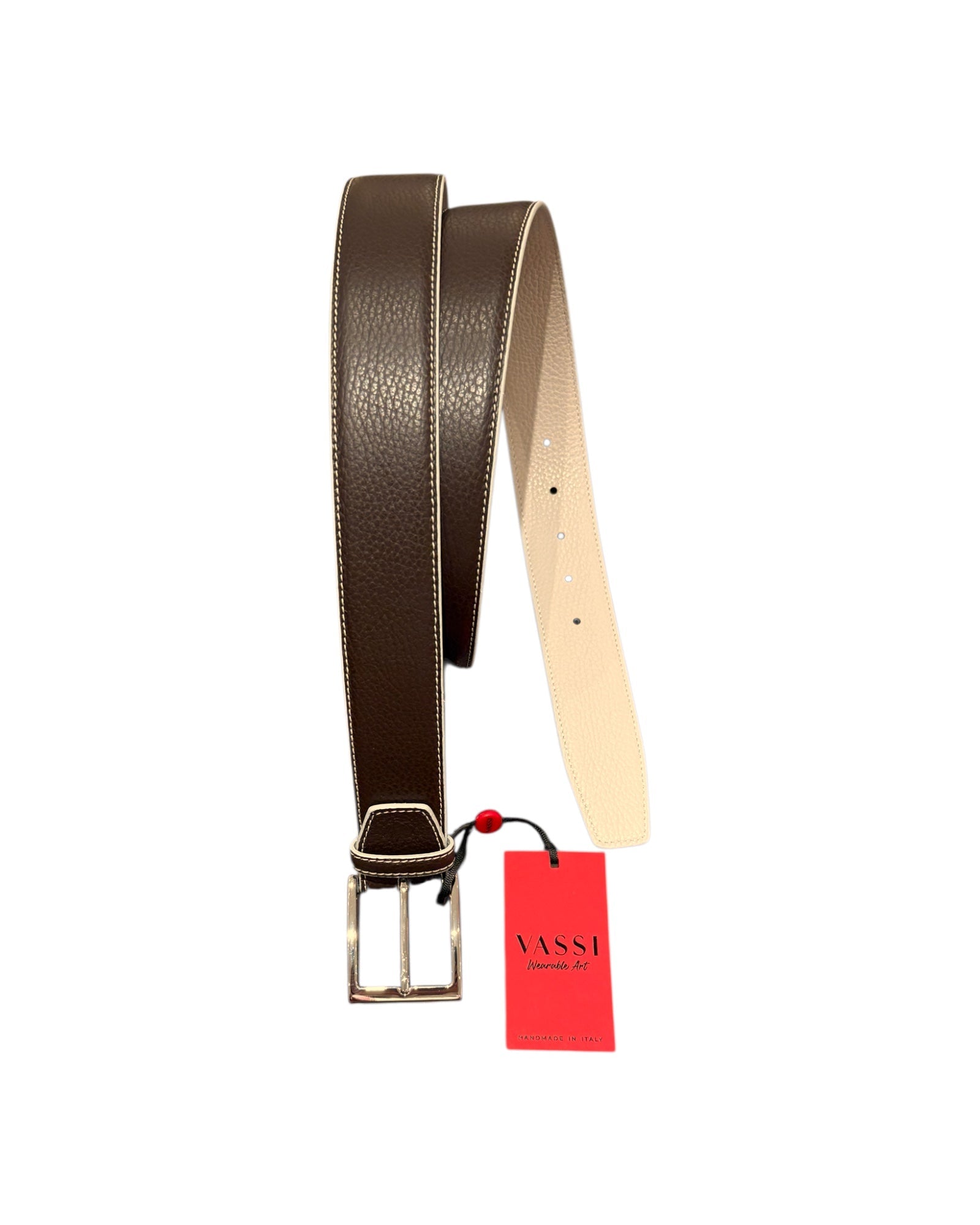 Double - Face Bull Embossed Calf Leather with Contrast Stitching - Chocolate BELTS44