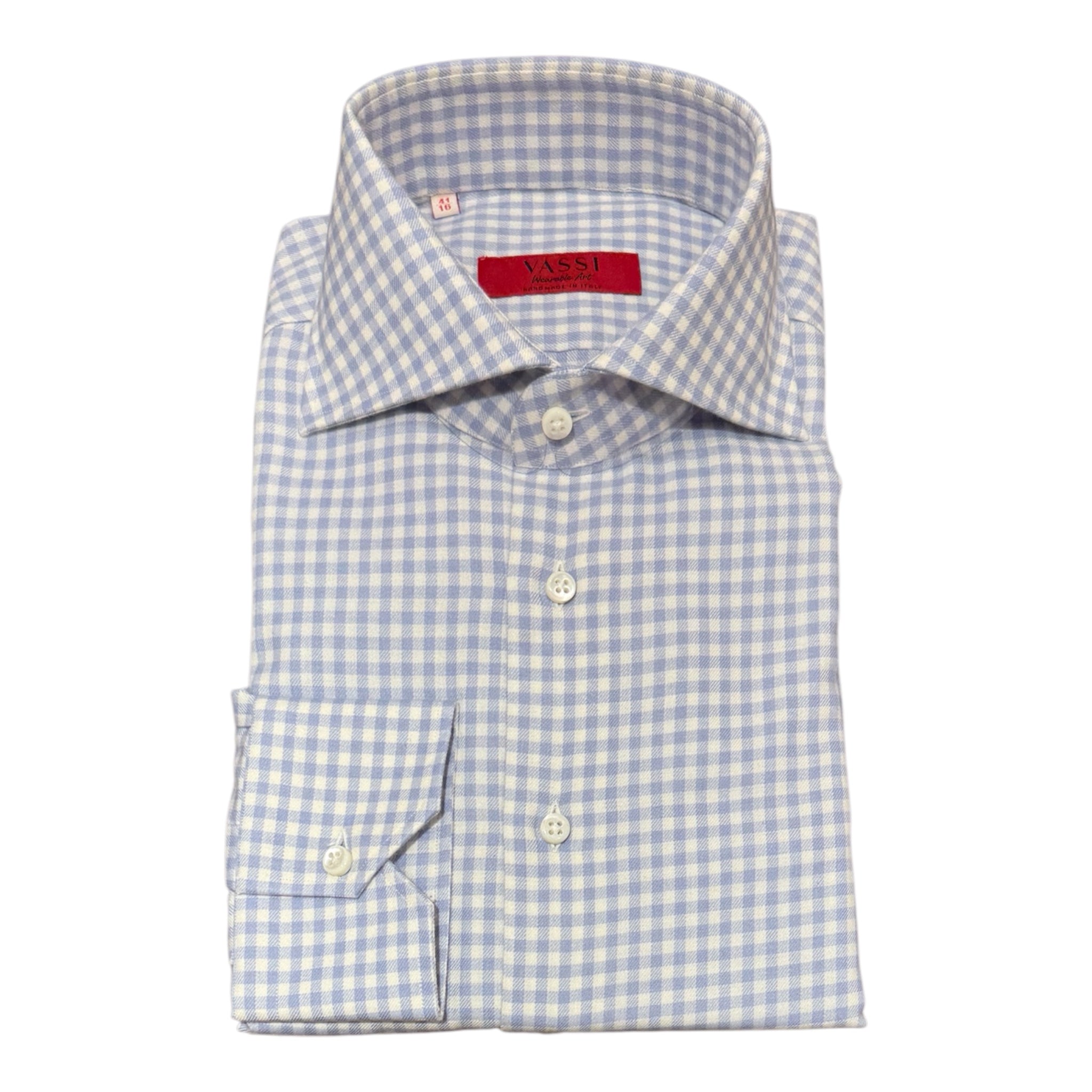 Handmade ALUMO Cashmere & Cotton Shirt - Blue & White Check DRESS SHIRTS39 EU
