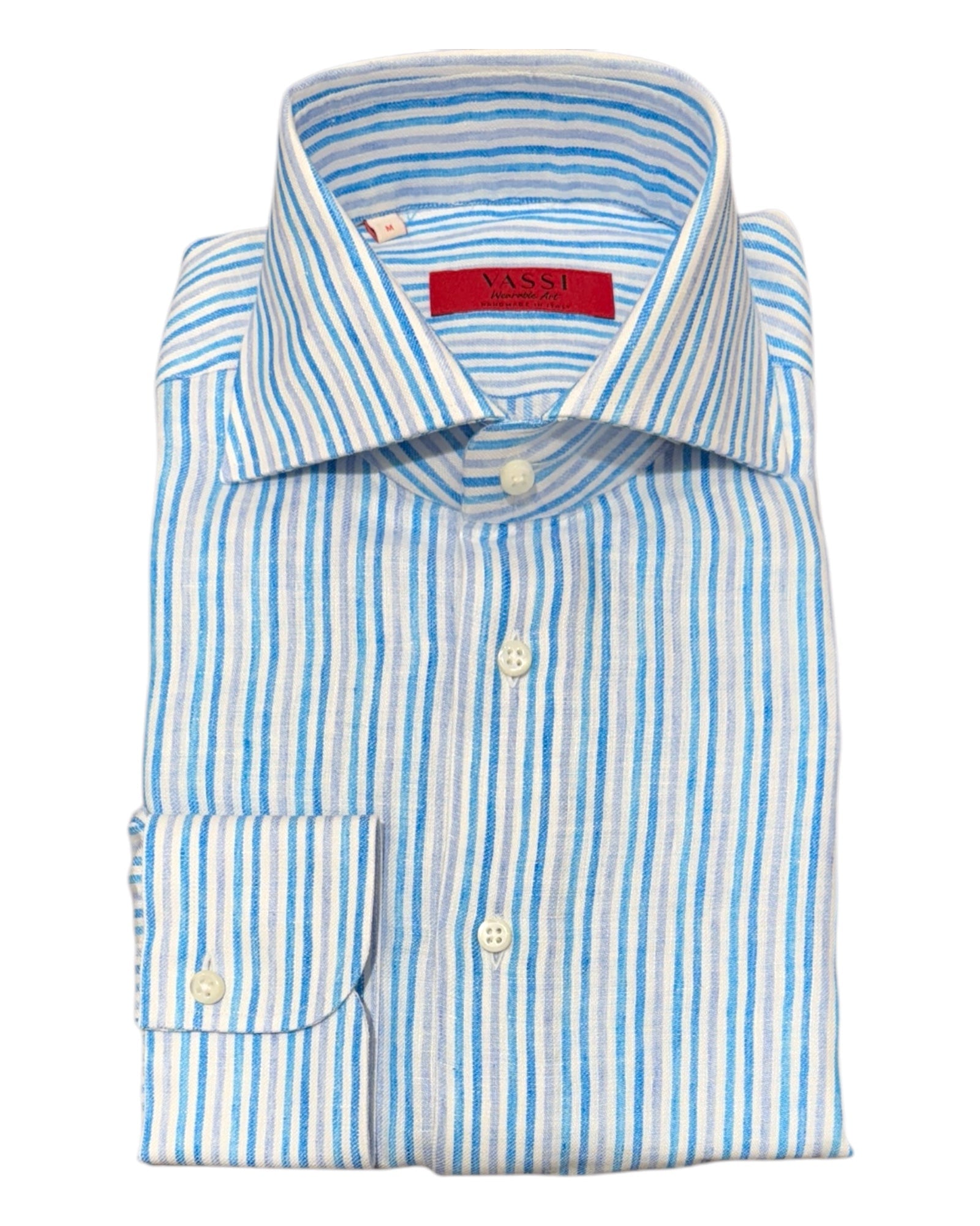 Handmade Multicolour Striped Linen Shirt - Blue SPORT SHIRTSM
