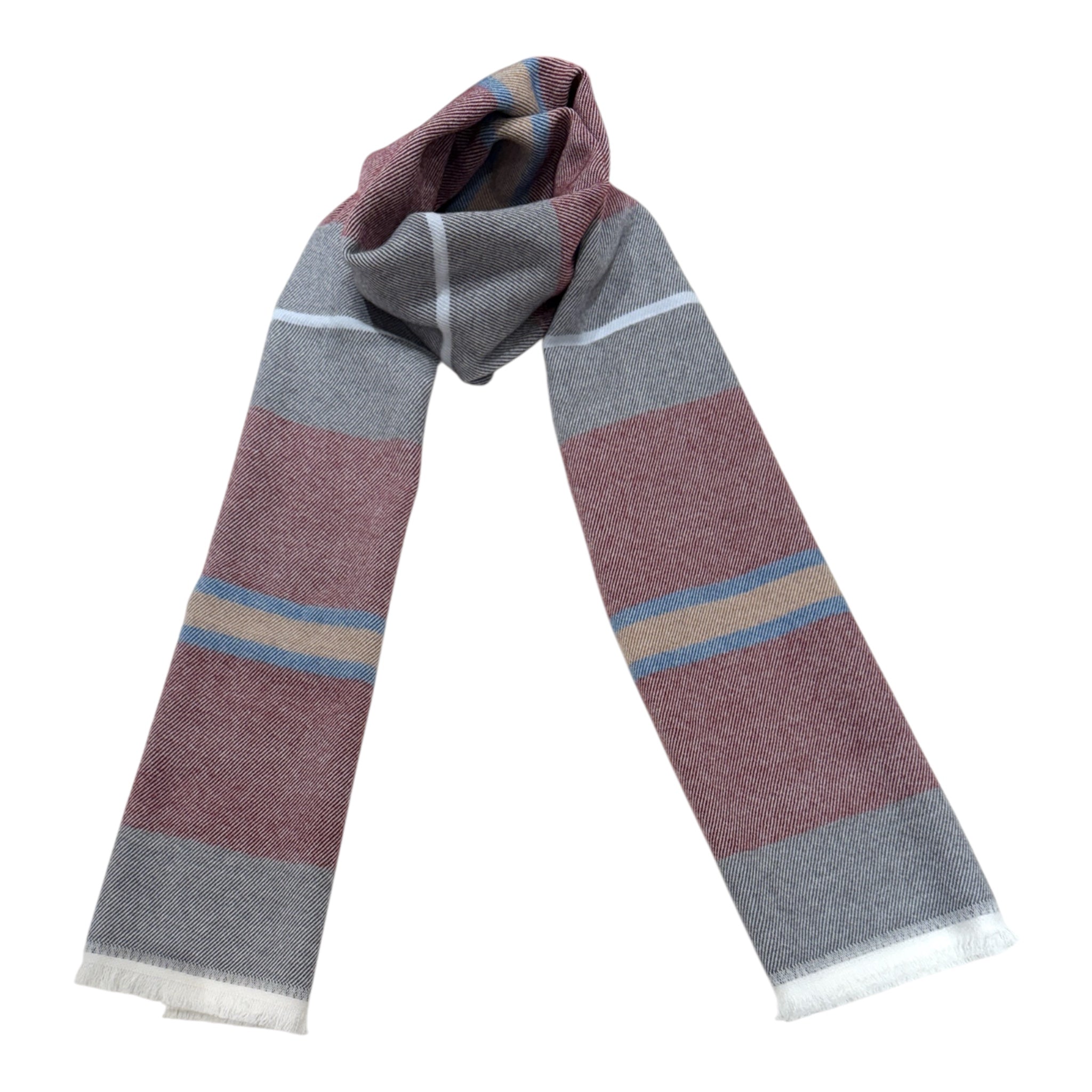 Horizontal Stripe Wool Scarf - Burgundy/Grey/Taupe SCARVES