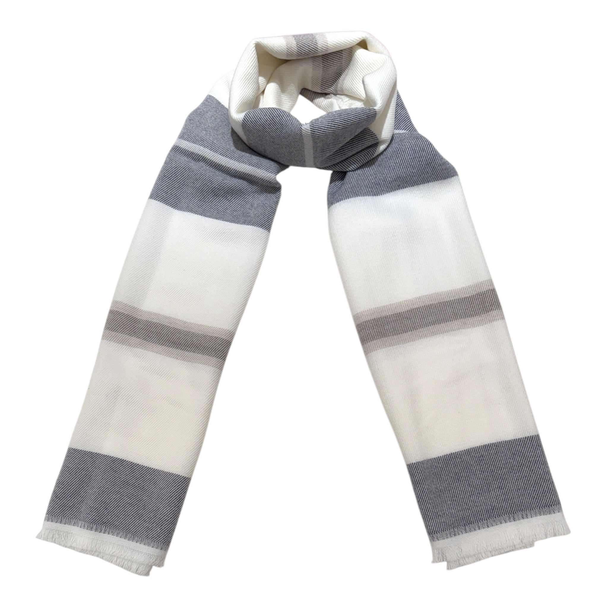 Horizontal Stripe Wool Scarf - Winter White/Grey/Beige SCARVES
