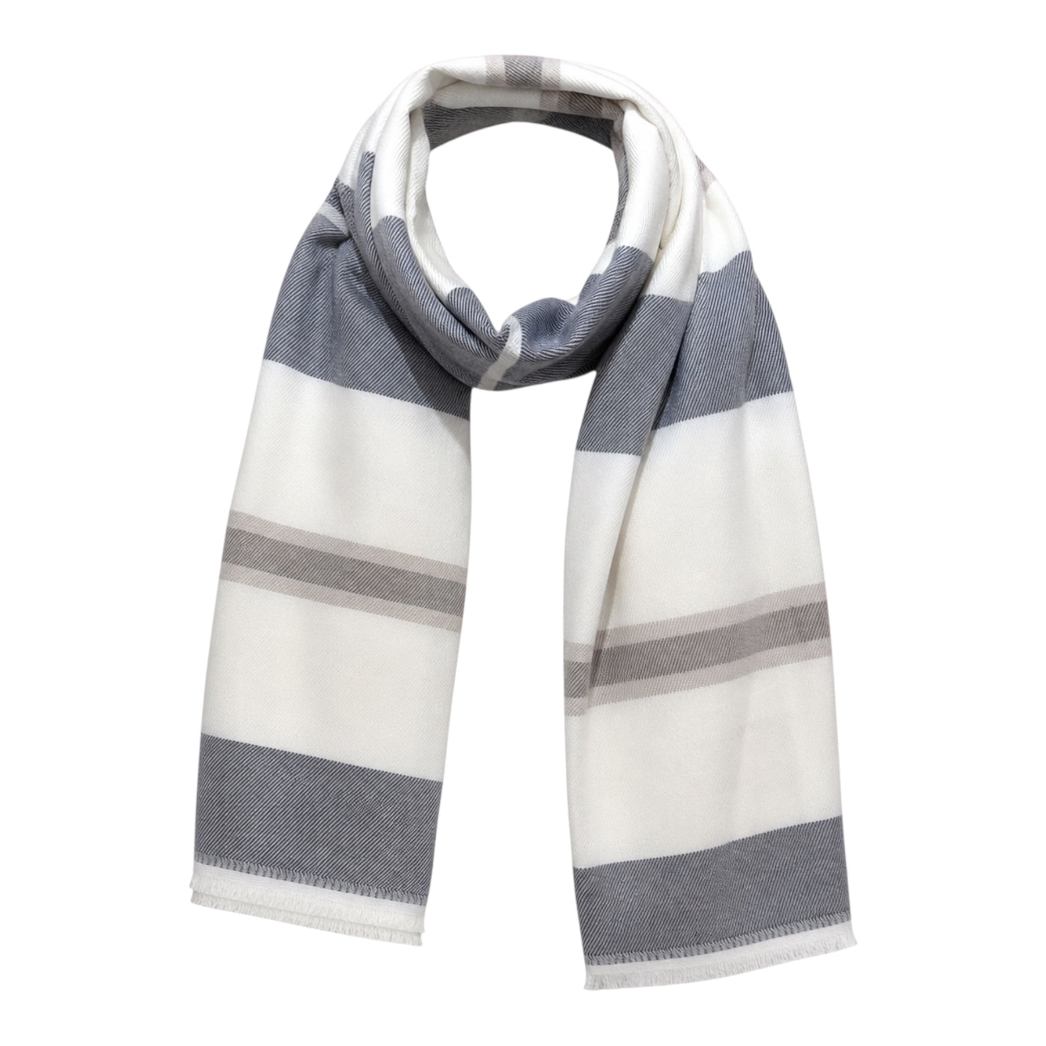 Horizontal Stripe Wool Scarf - Winter White/Grey/Beige SCARVES