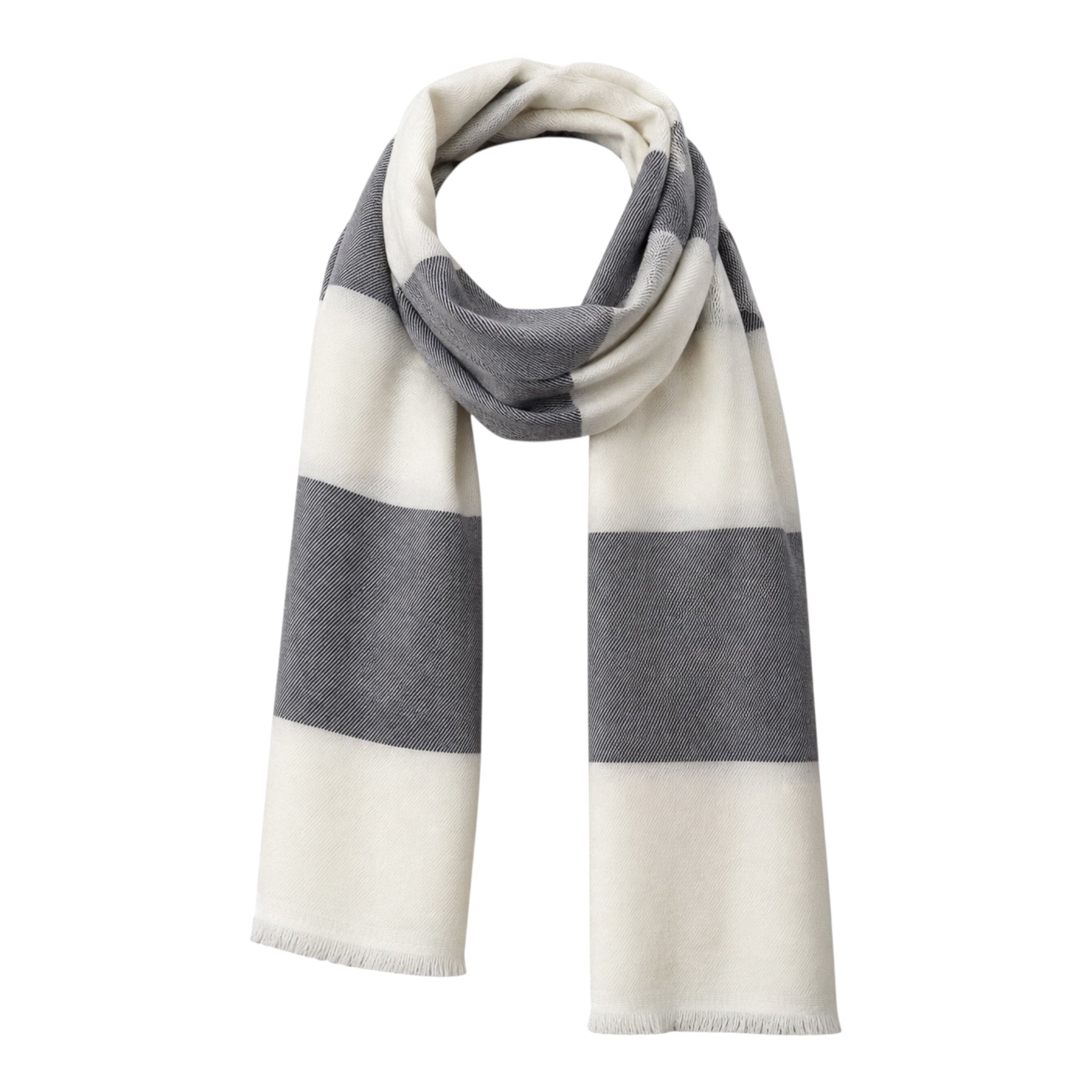 Horizontal Stripe Wool Scarf - Winter White/Grey SCARVES
