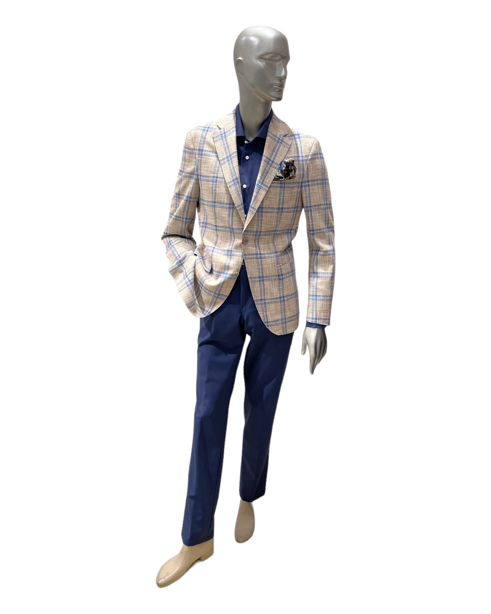 Linen &amp; Wool Jacket - Taupe with Blue Glen Check JACKETS40S