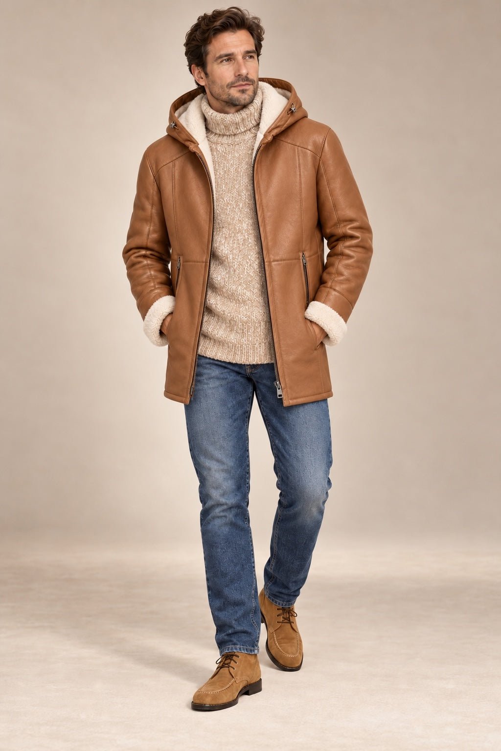 Merino Shearling Jacket with Hood- Whisky OUTERWEAR48 EU