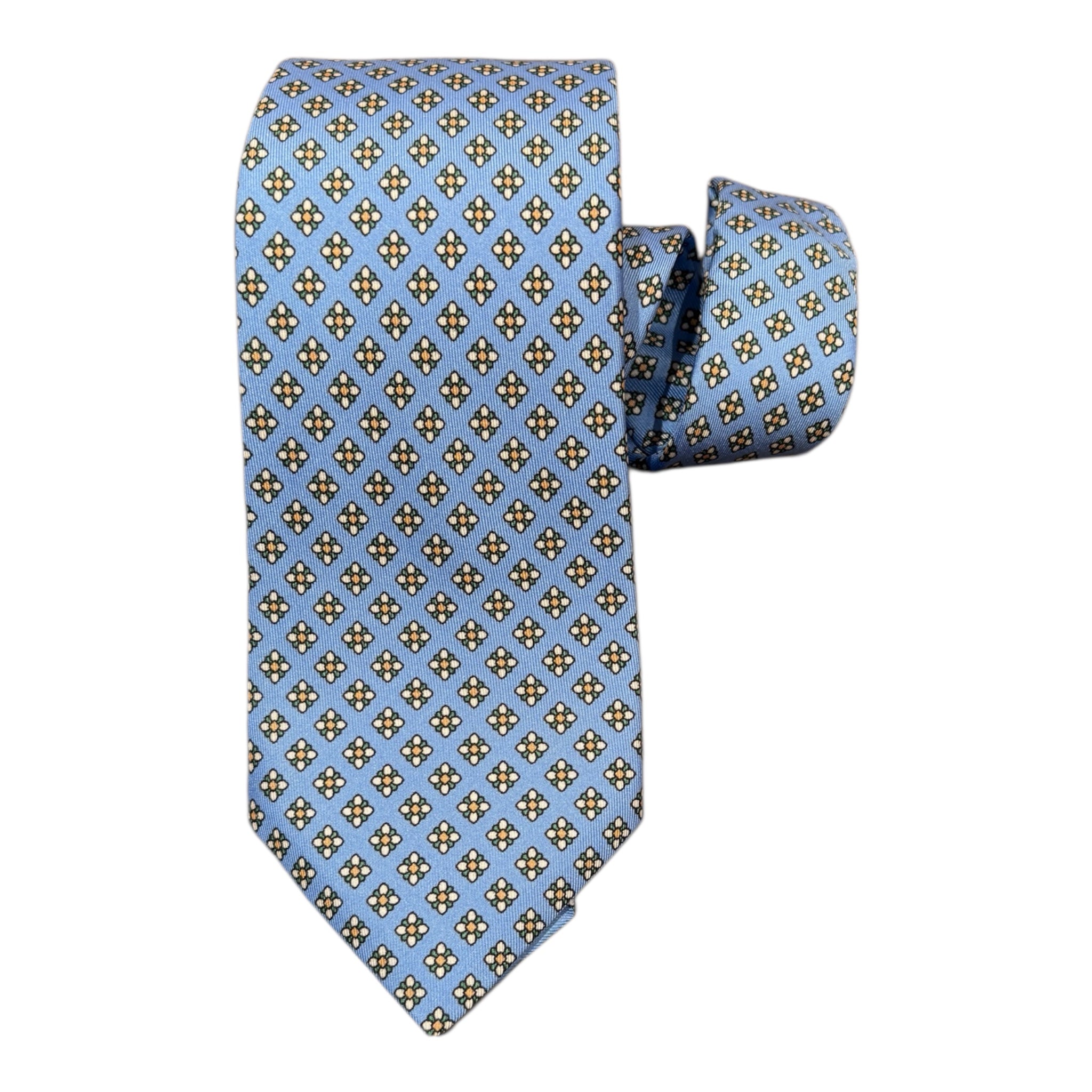 Micro Floral Geometric Seven Fold Silk Tie - Blue TIES