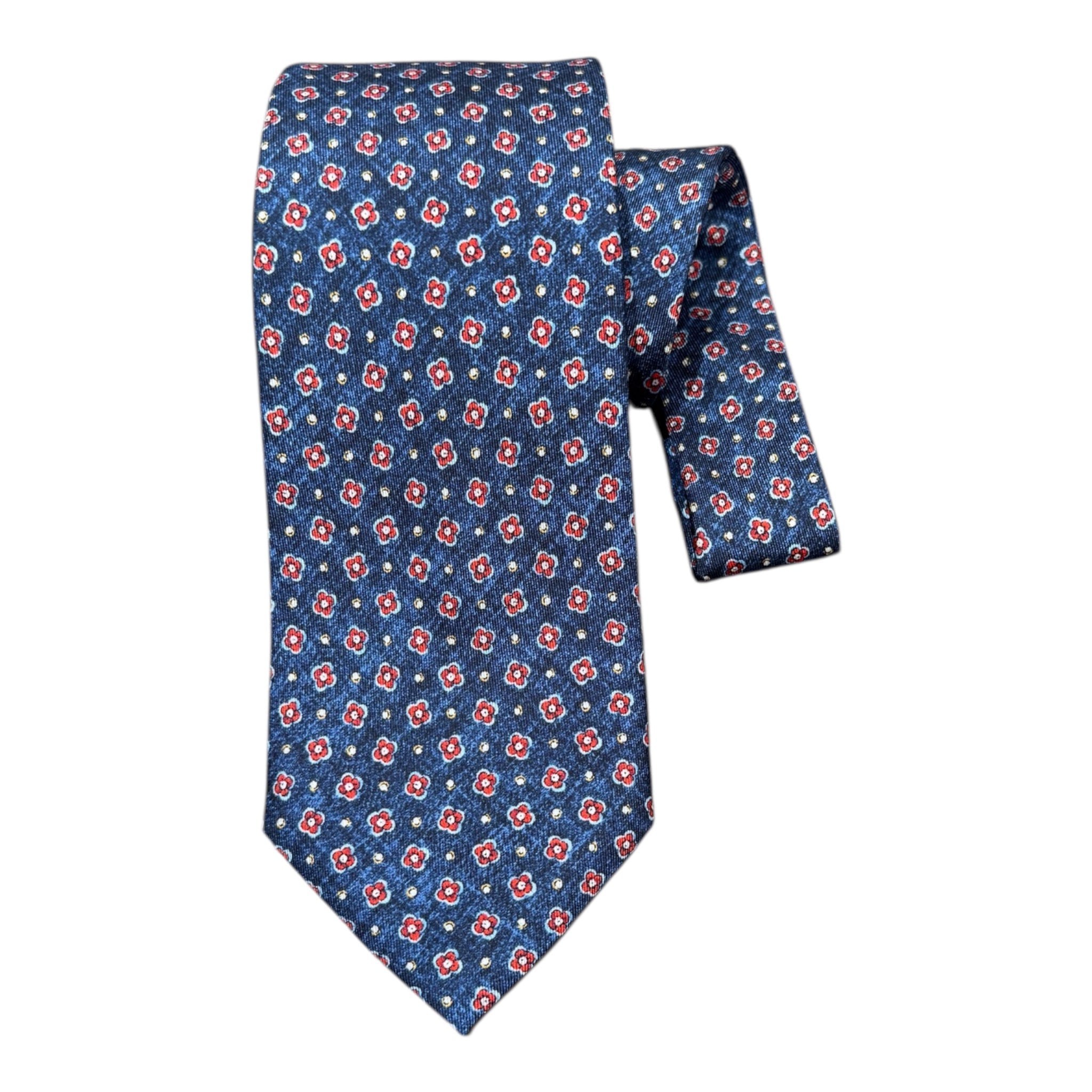 Micro Floral Seven Fold Silk Tie - Navy TIES