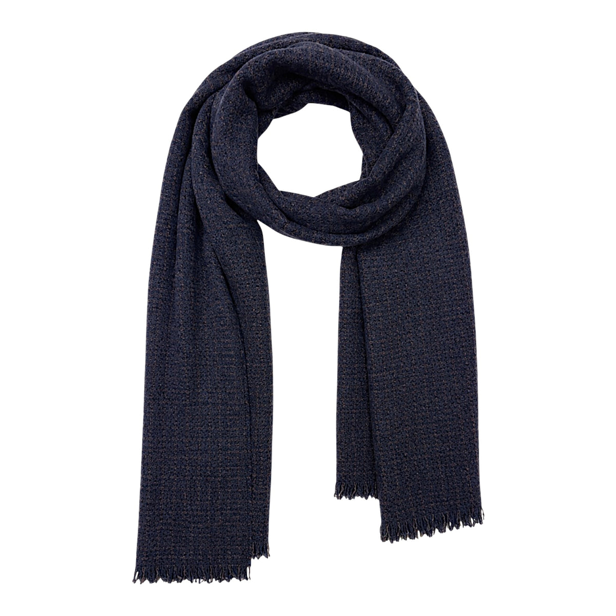 Navy Cashmere & Wool Scarf with Brown Geometric Pattern SCARVES