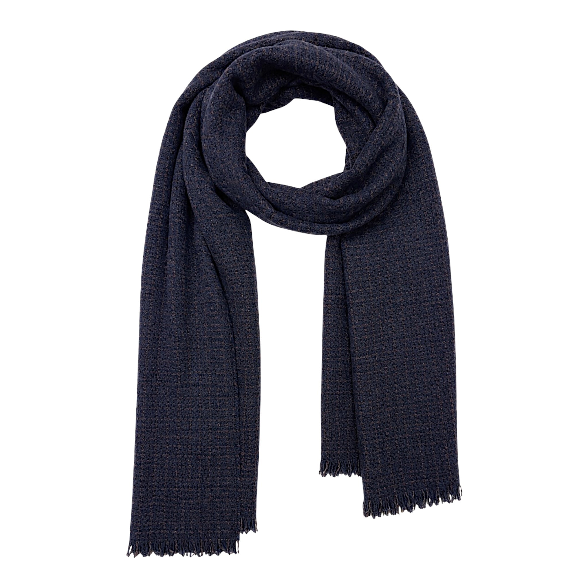 Navy Cashmere & Wool Scarf with Brown Geometric Pattern SCARVES