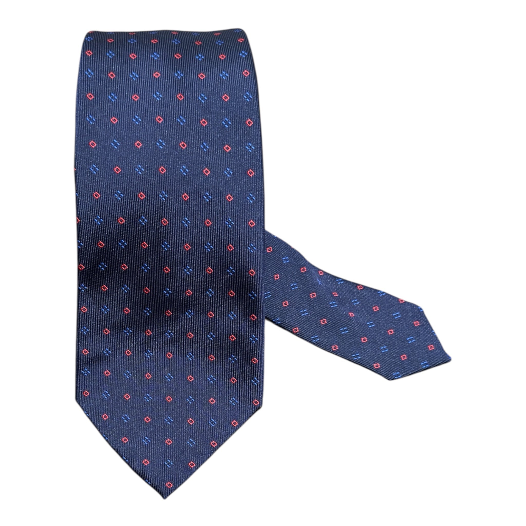 Navy Woven Seven Fold Silk Tie with Red Dots TIES